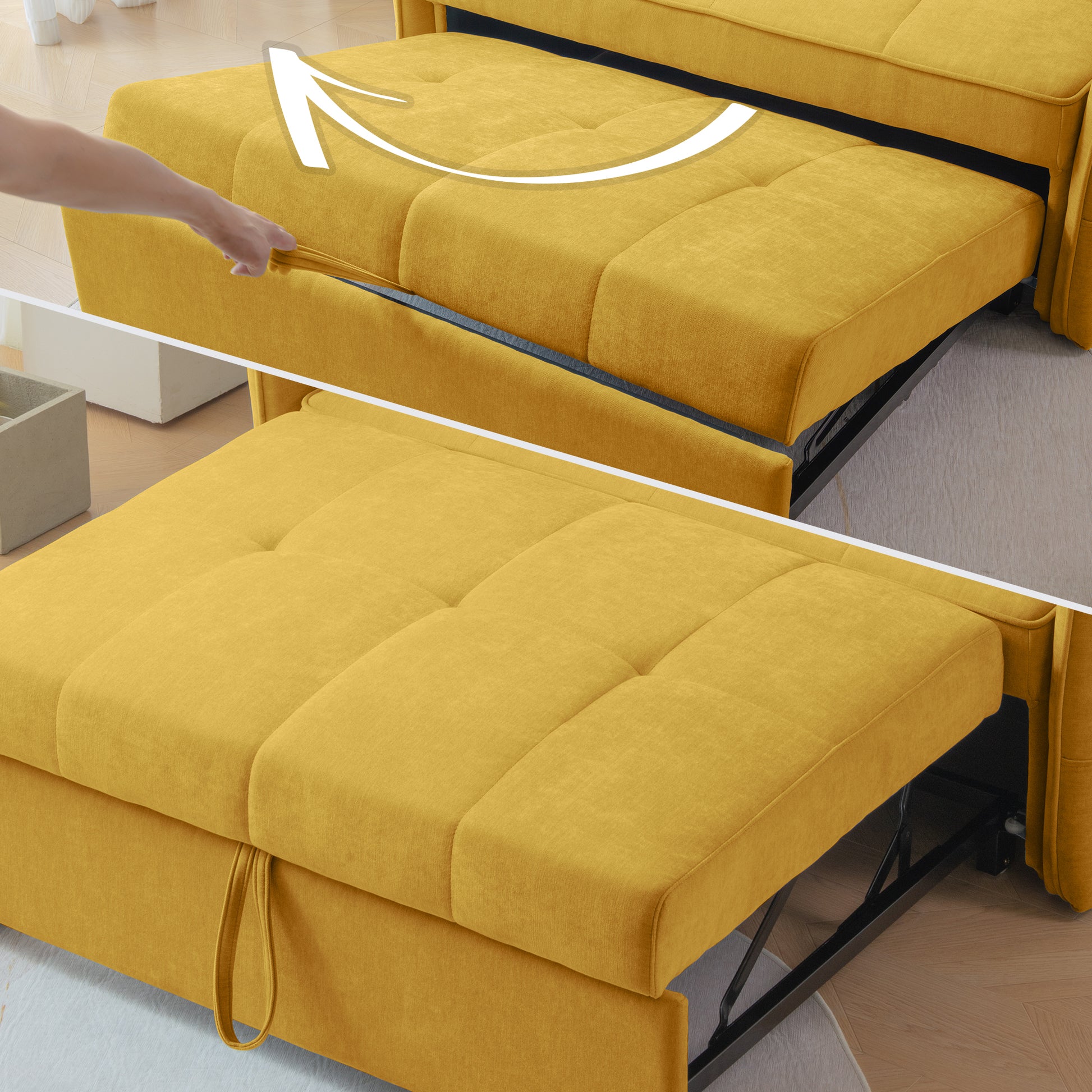 Yellow linen sofa bed with hidden storage compartment being pulled out for access