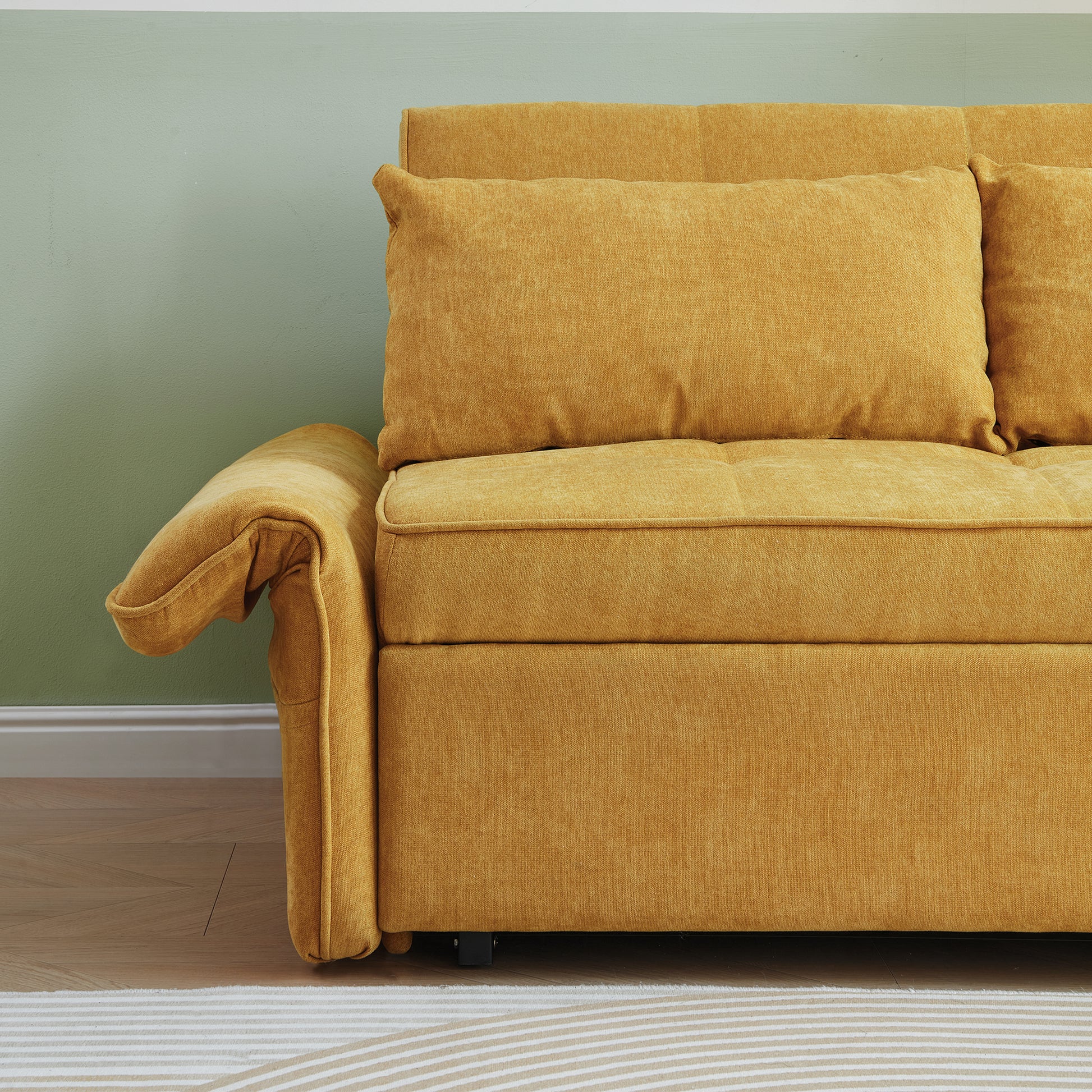 Mustard yellow sofa with textured fabric and plush cushions perfect for modern living rooms
