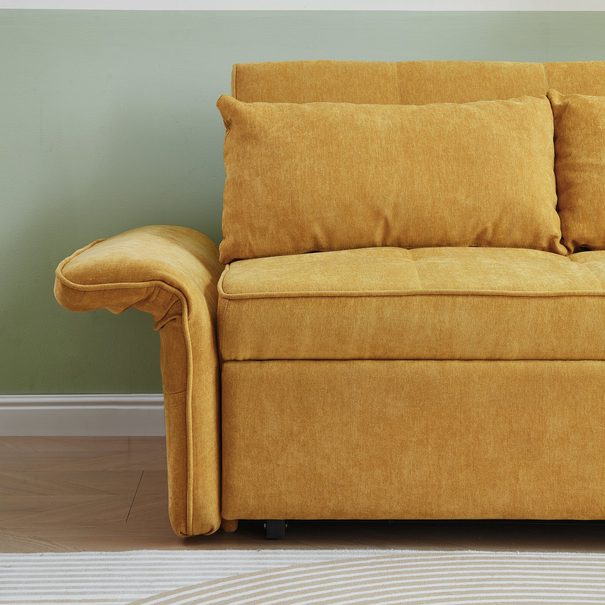 Comfortable mustard yellow fabric sofa with plush cushions perfect for modern living rooms