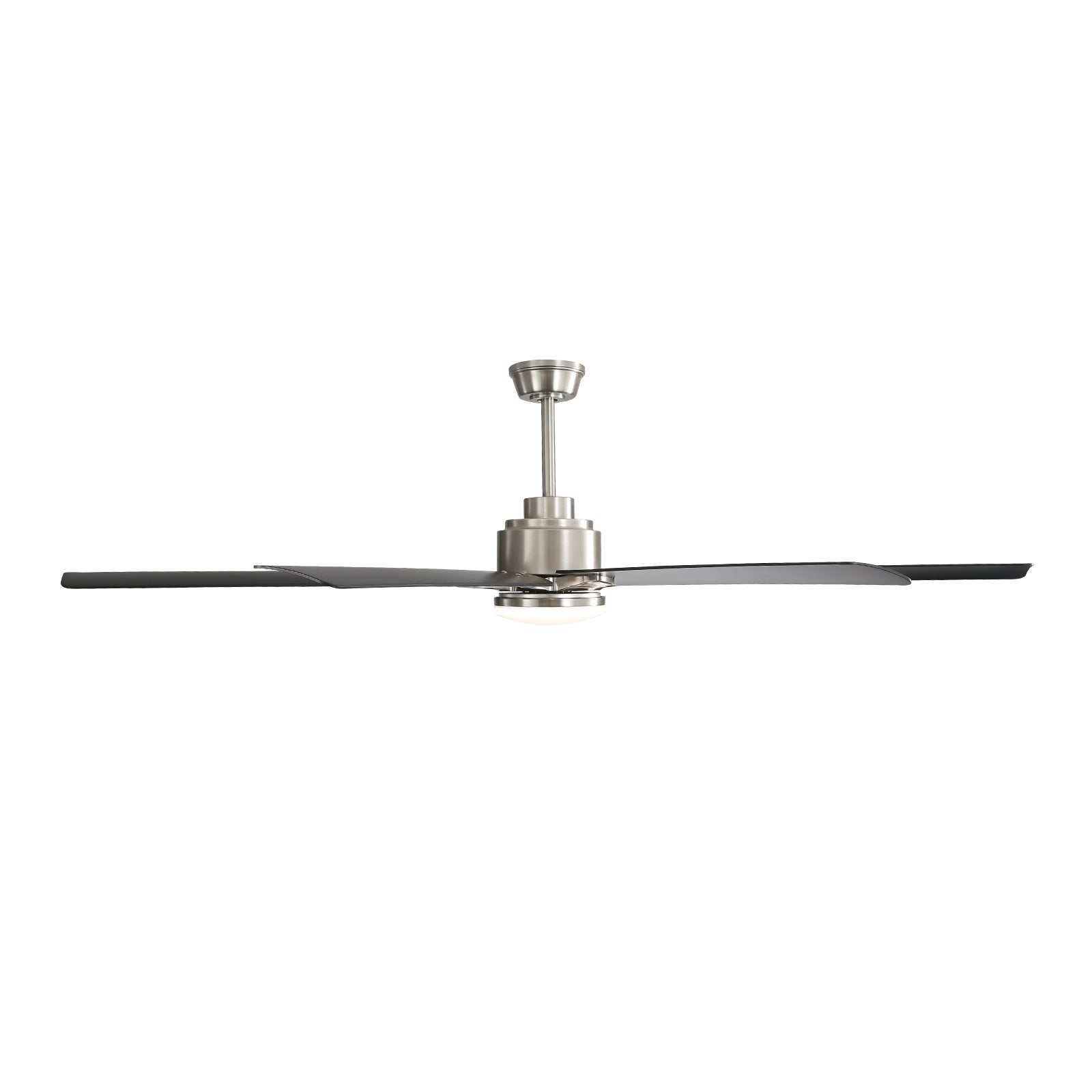 Sleek brushed nickel ceiling fan with dark gray blades and integrated LED light
