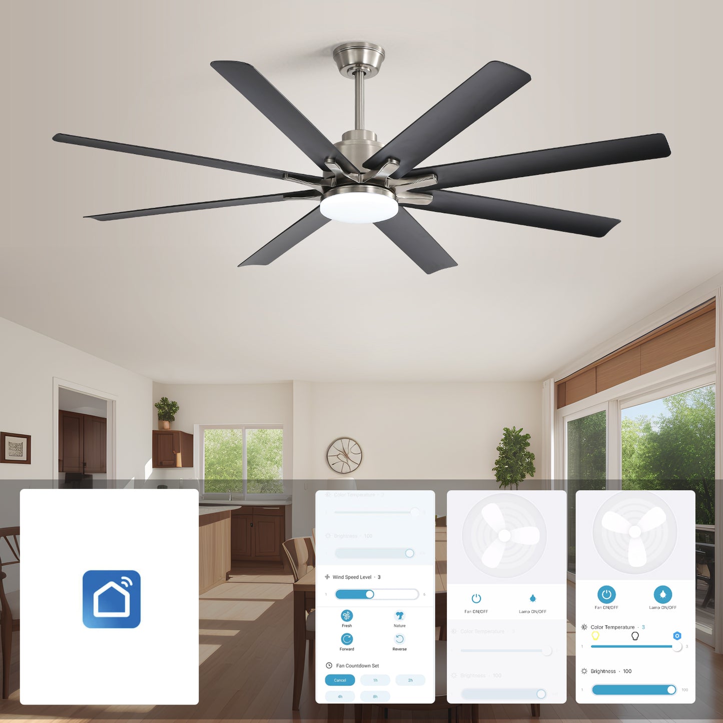 Brushed nickel ceiling fan with  dark gray blades and integrated LED light
