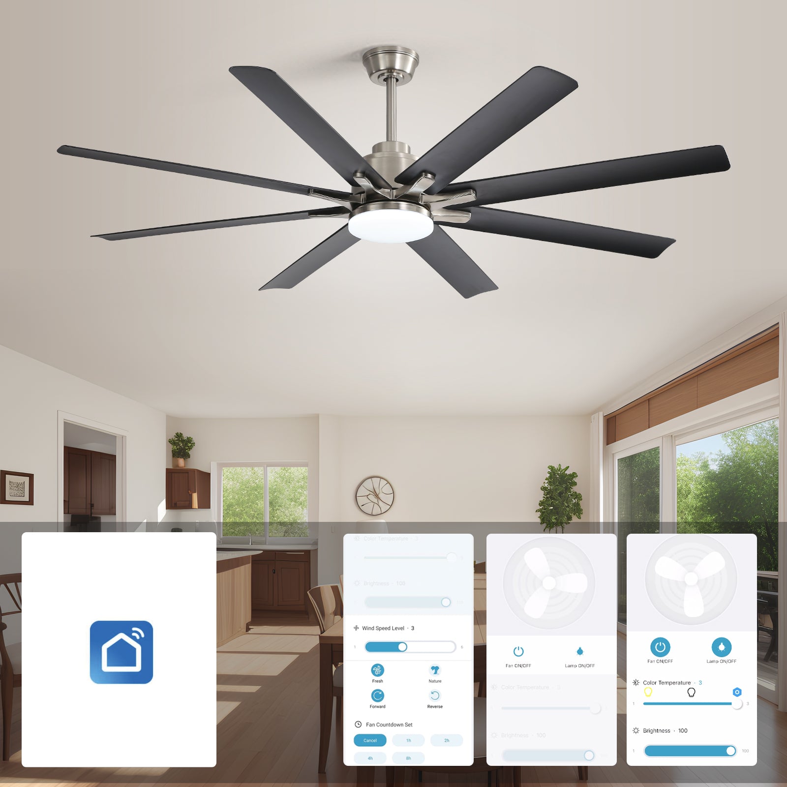Brushed nickel ceiling fan with  dark gray blades and integrated LED light