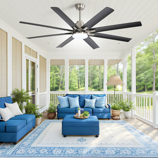 Brushed nickel blade outdoor ceiling fan with integrated LED light