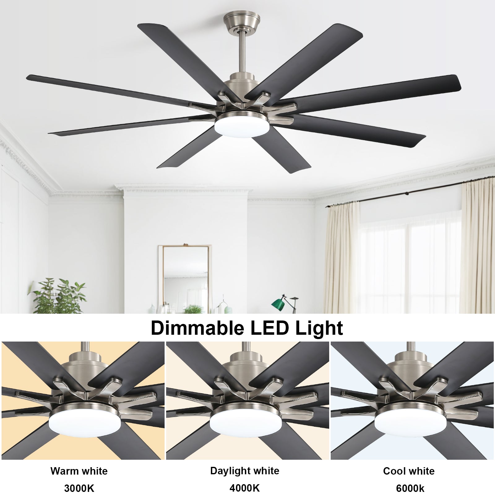 Modern blade ceiling fan with brushed nickel finish and dark blades