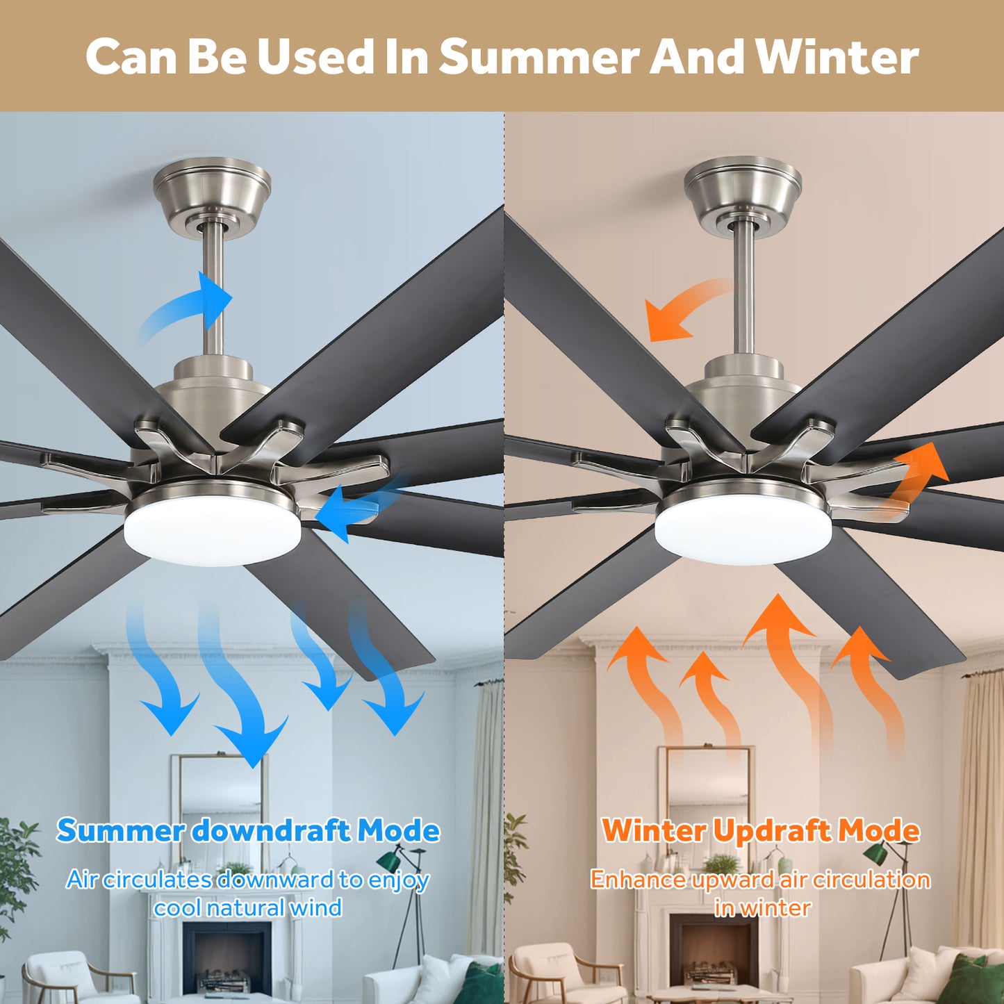 Brushed nickel ceiling fan with dark wood reversible blades showing summer downdraft