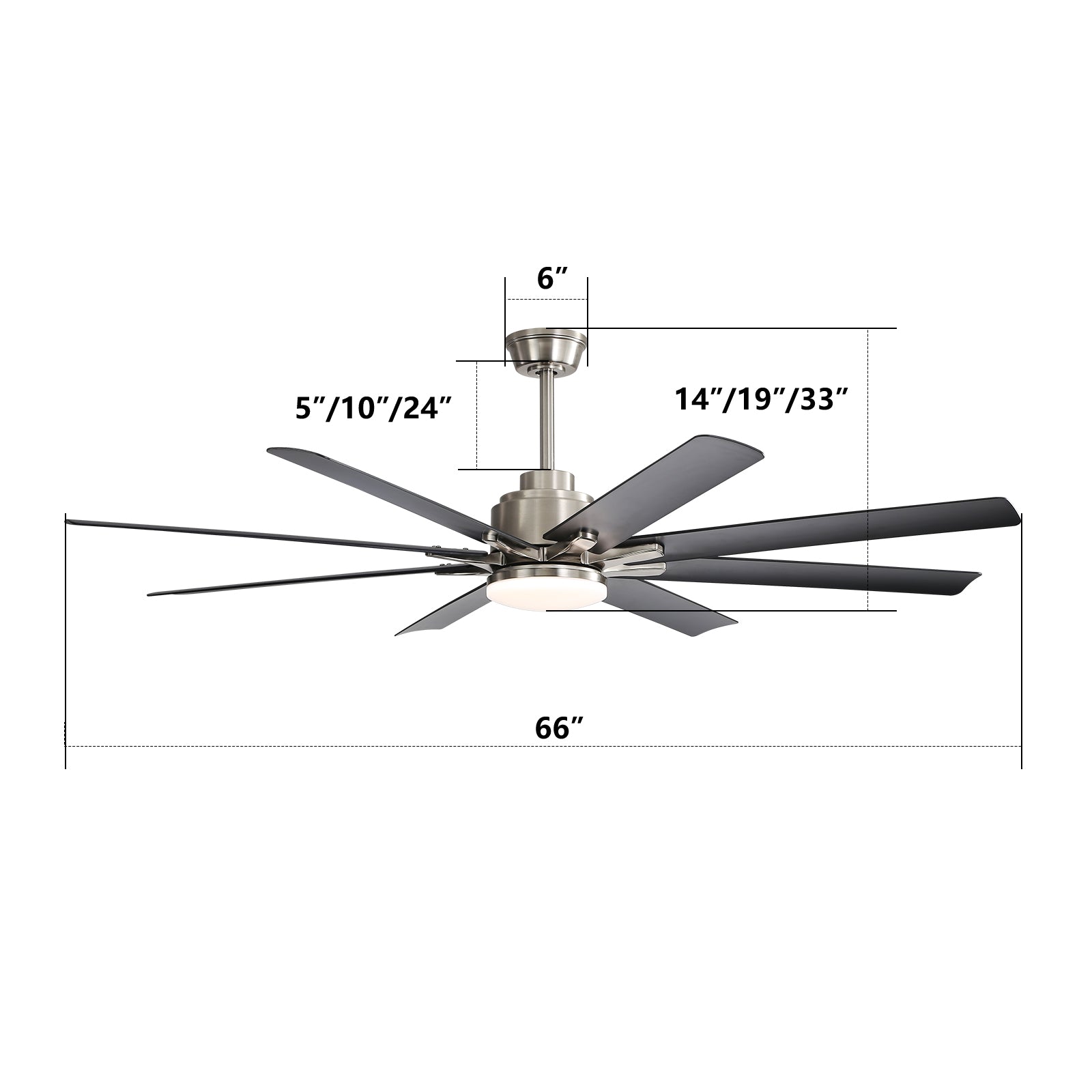 inch brushed nickel modern ceiling fan with  dark grey blades and integrated LED light