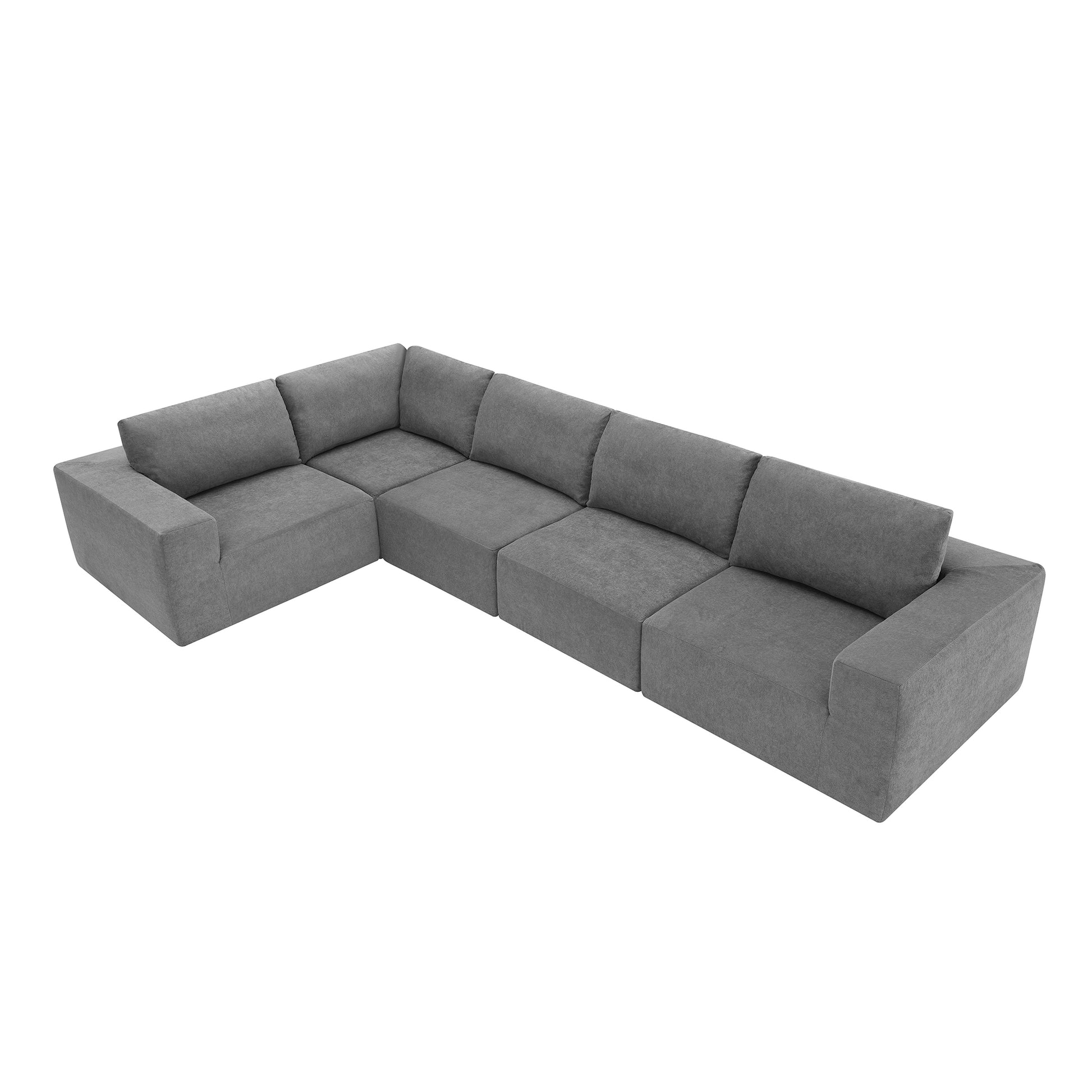 Grey fabric sectional sofa with plush cushions and a modern minimalist design