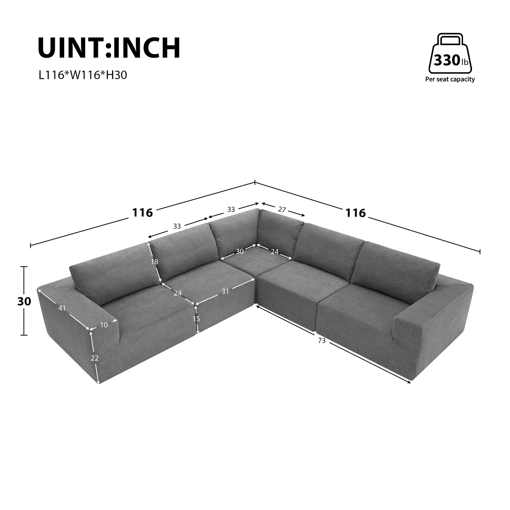 Grey sectional sofa with plush cushions and modern design  width
