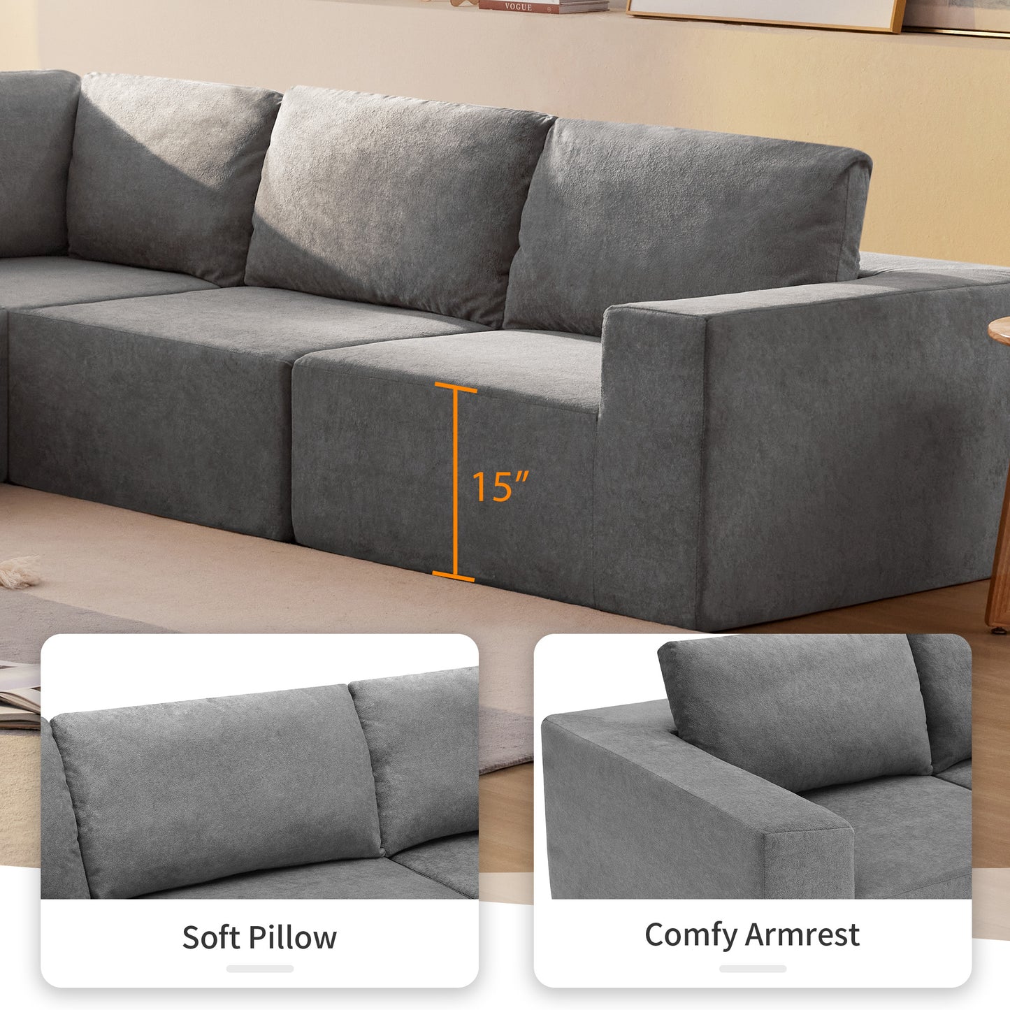 Gray fabric sectional sofa with deep plush cushions and a inch seat height