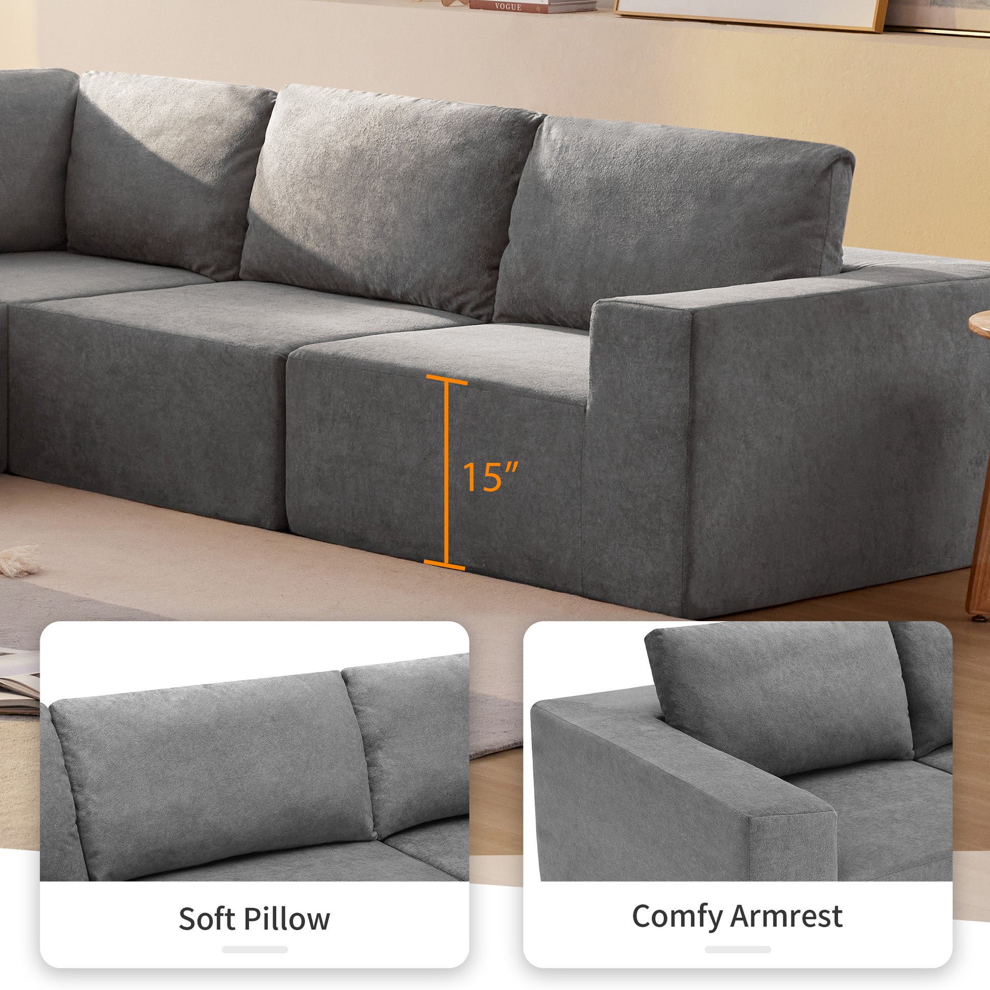 Gray fabric sectional sofa with deep plush cushions and a inch seat height