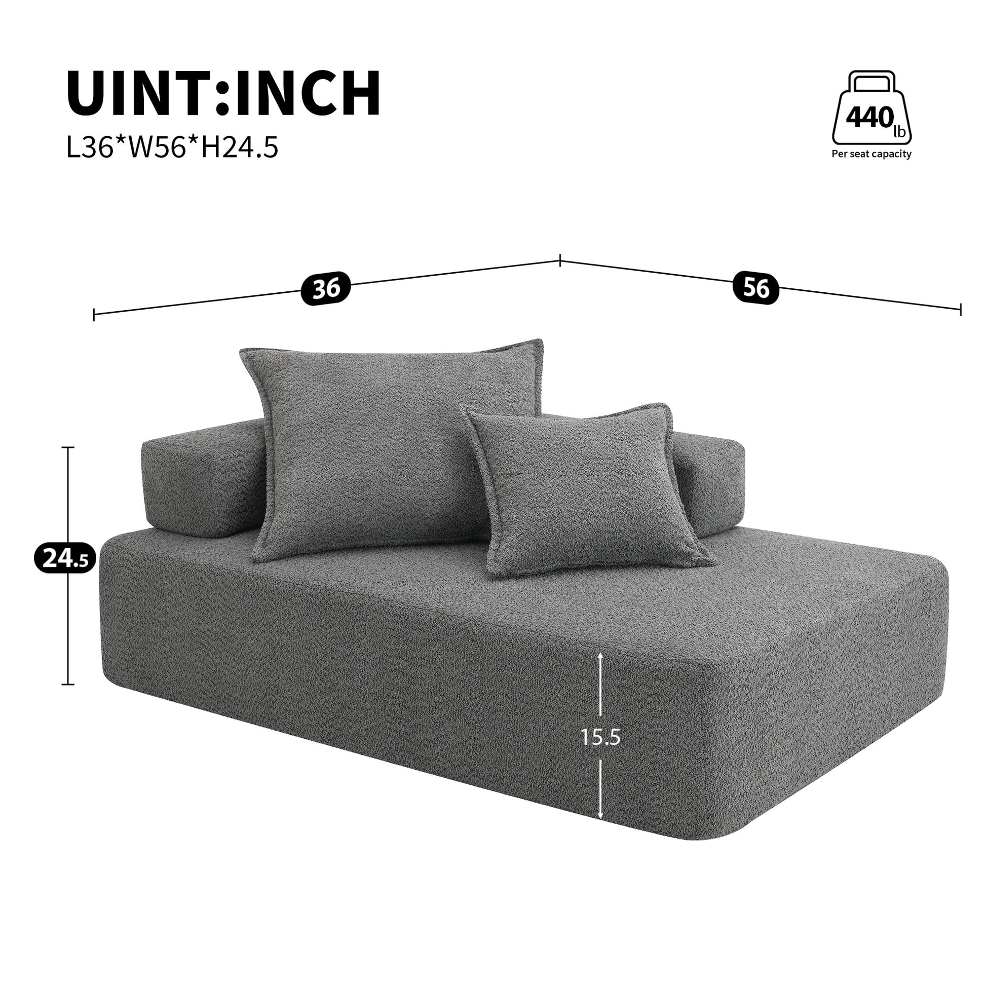 Modern gray textured sectional sofa with accent pillows LxWxH inches
