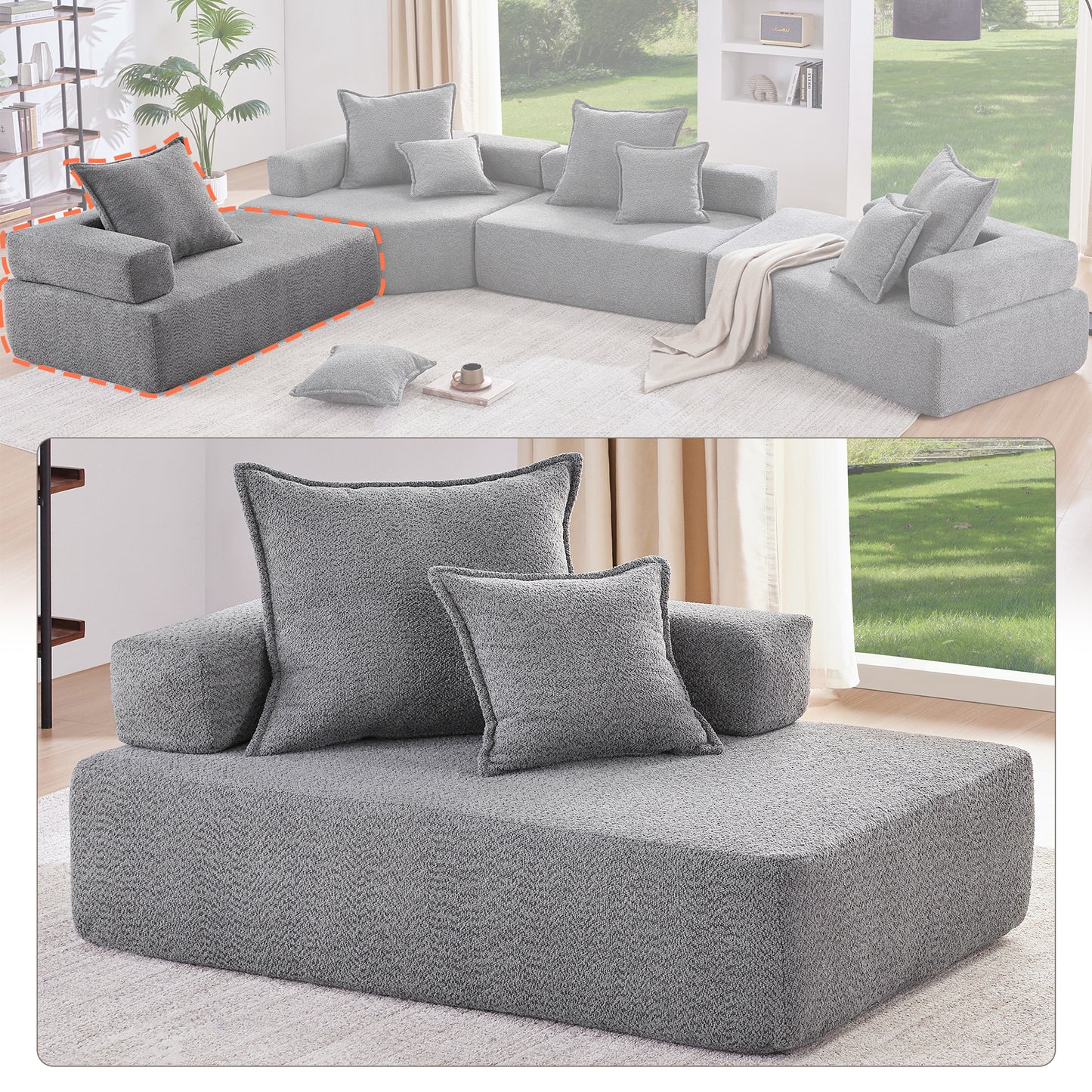 Modular grey sofa section with textured fabric and plush cushions designed for modern living rooms