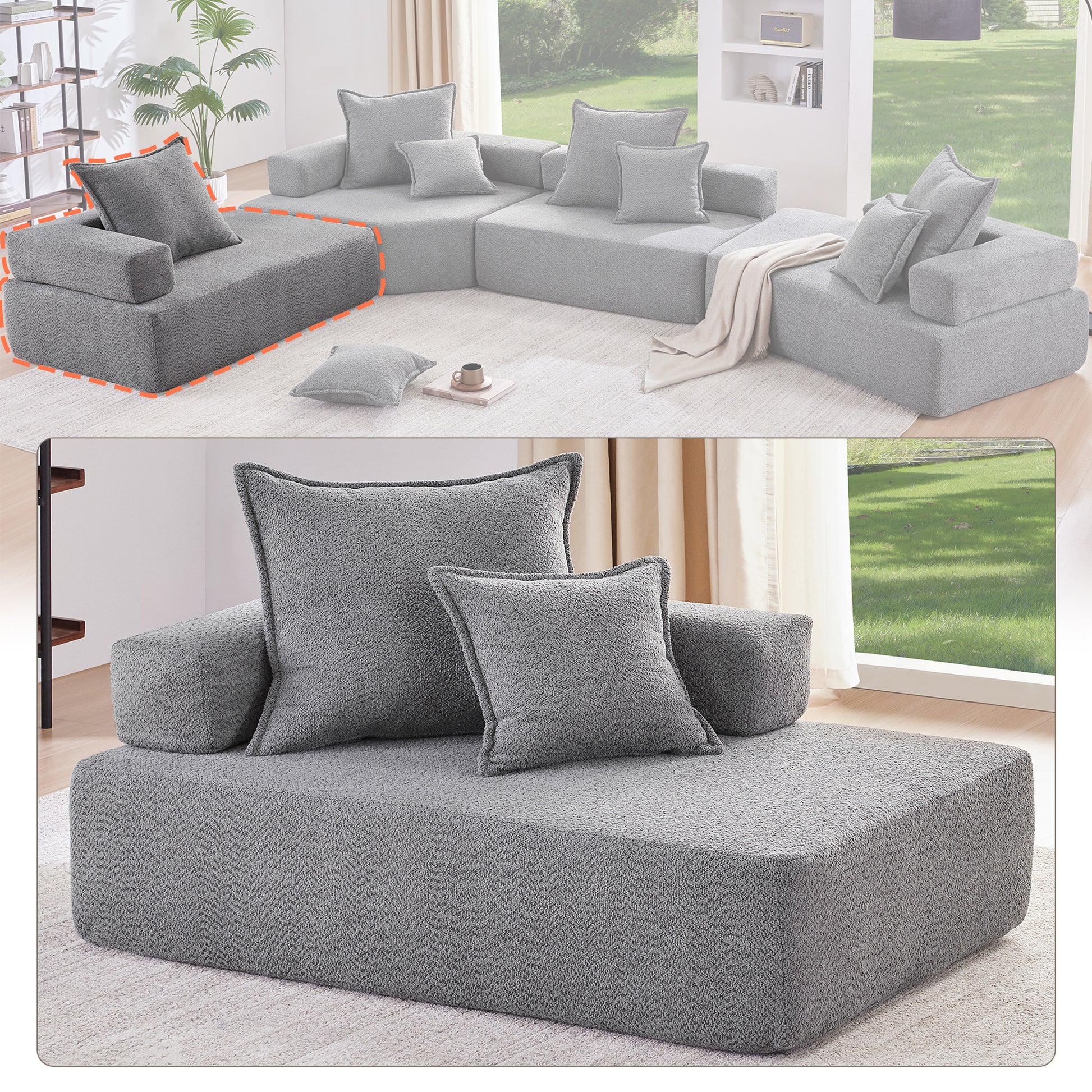 Modular grey sofa section with textured fabric and plush cushions designed for modern living rooms