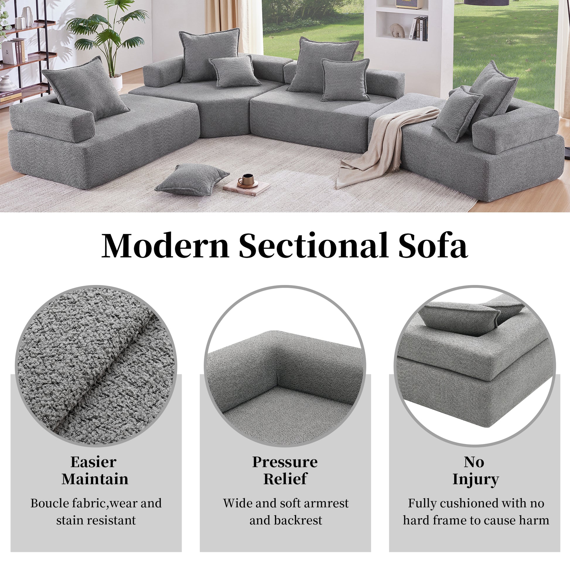 Gray boucle fabric modern sectional sofa with plush cushions and throw blanket