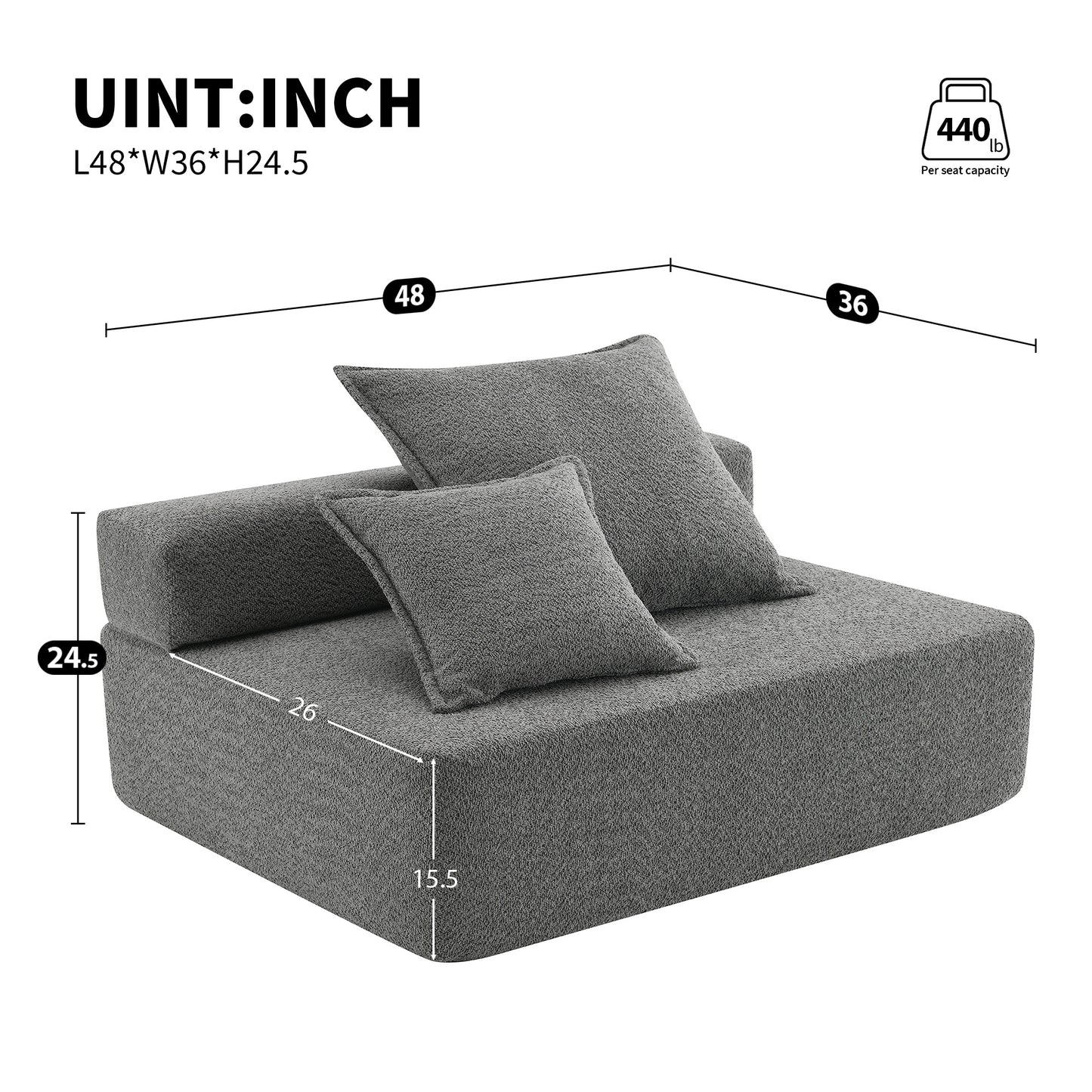 Spacious Loveseat Frame for Modular U-Shaped Sectional Sofa in Gray