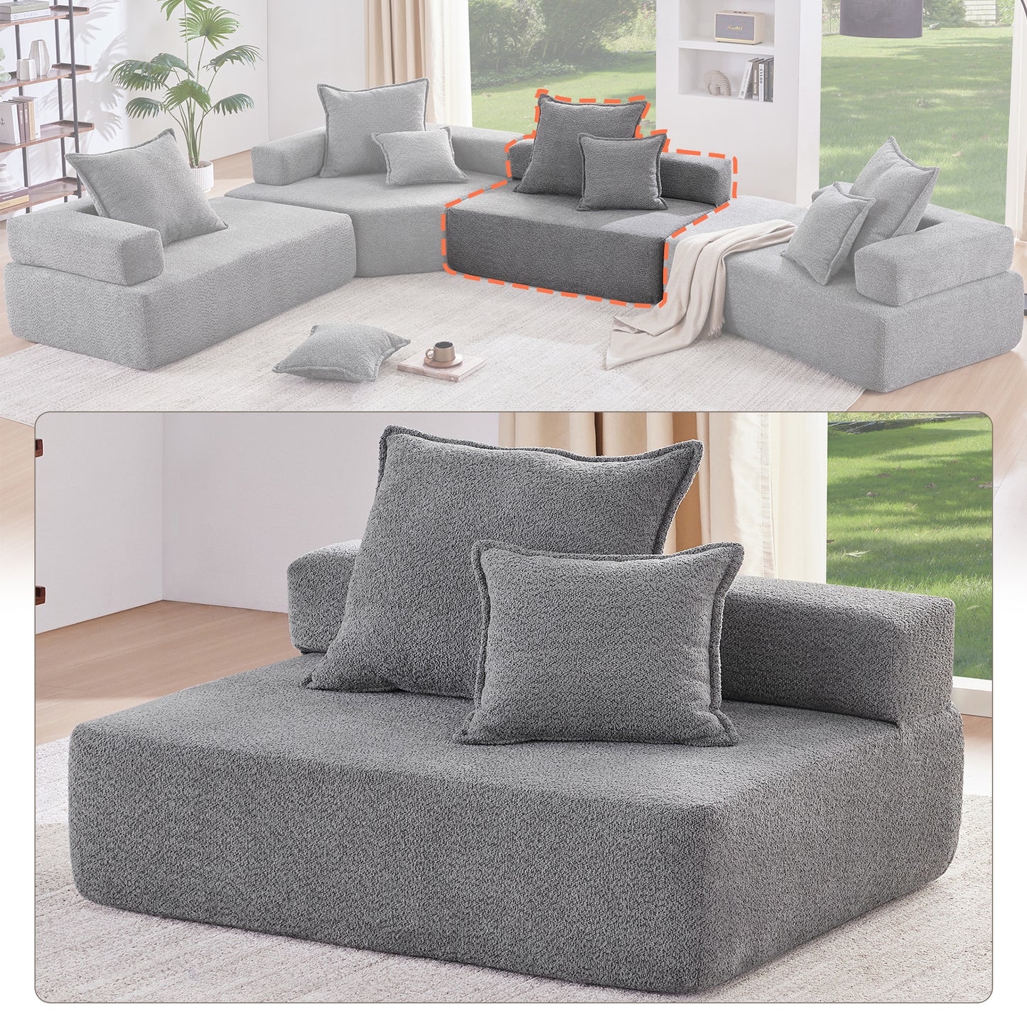 Gray teddy fabric modular sofa section with textured plush upholstery