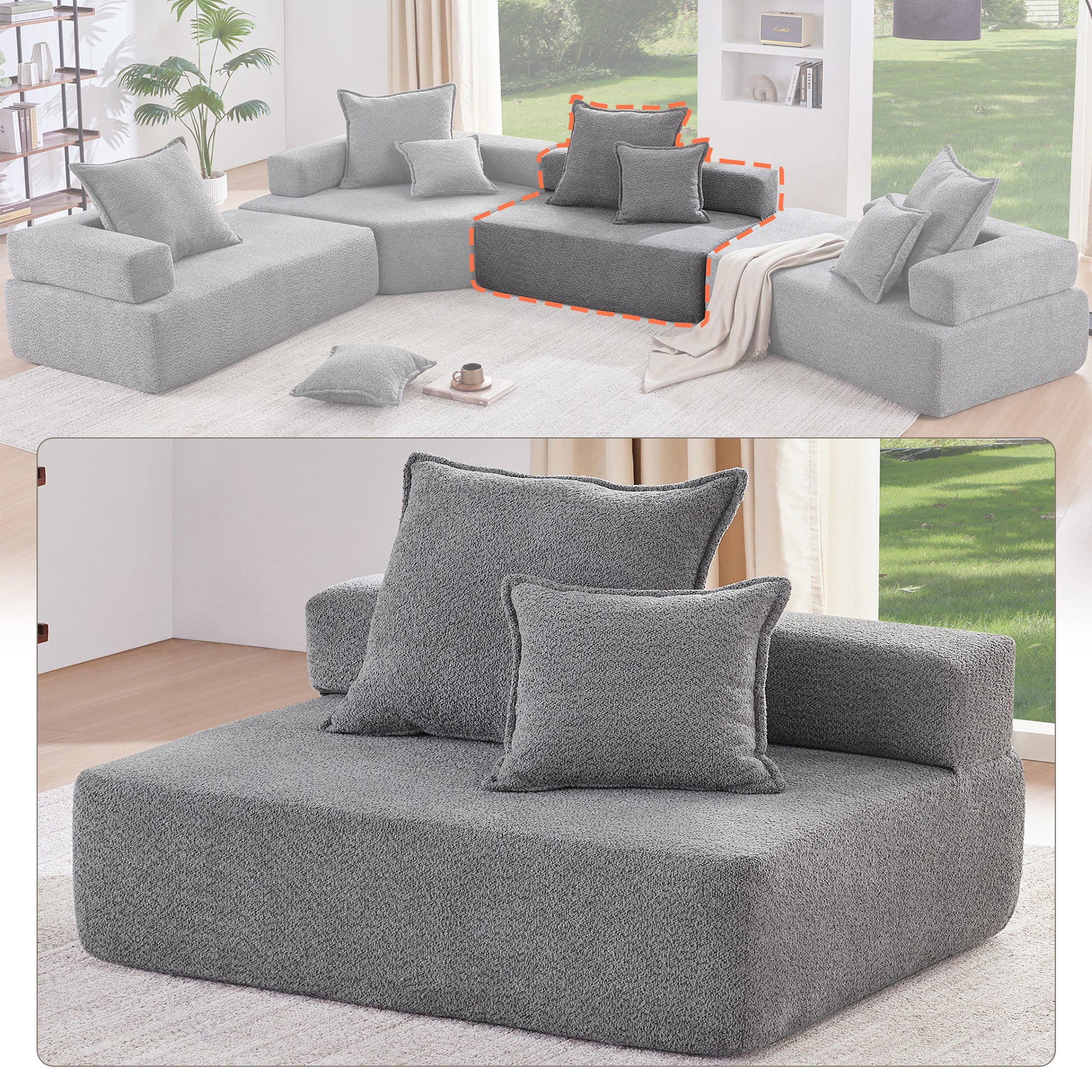 Gray teddy fabric modular sofa section with textured plush upholstery
