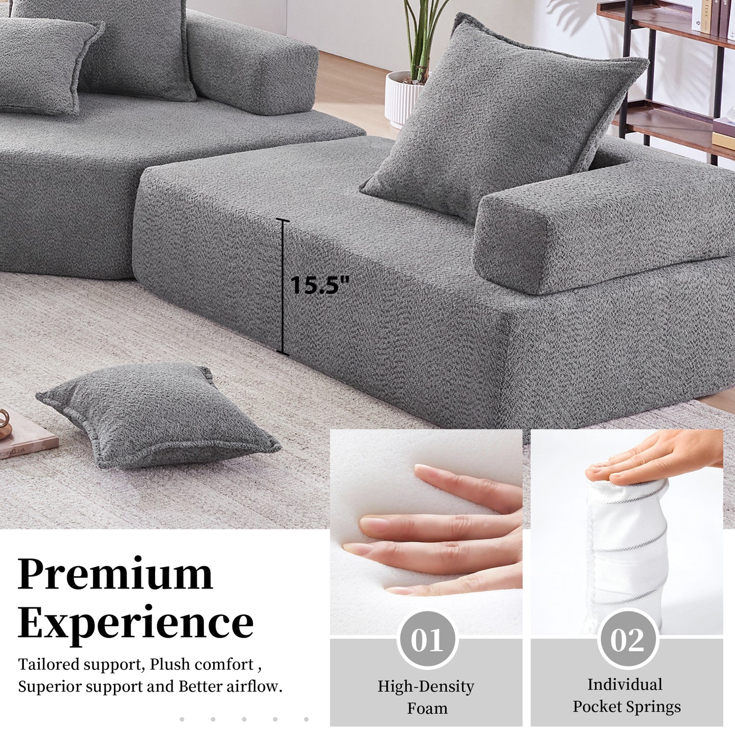 Gray modular sofa with plush texture and detached accent pillow
