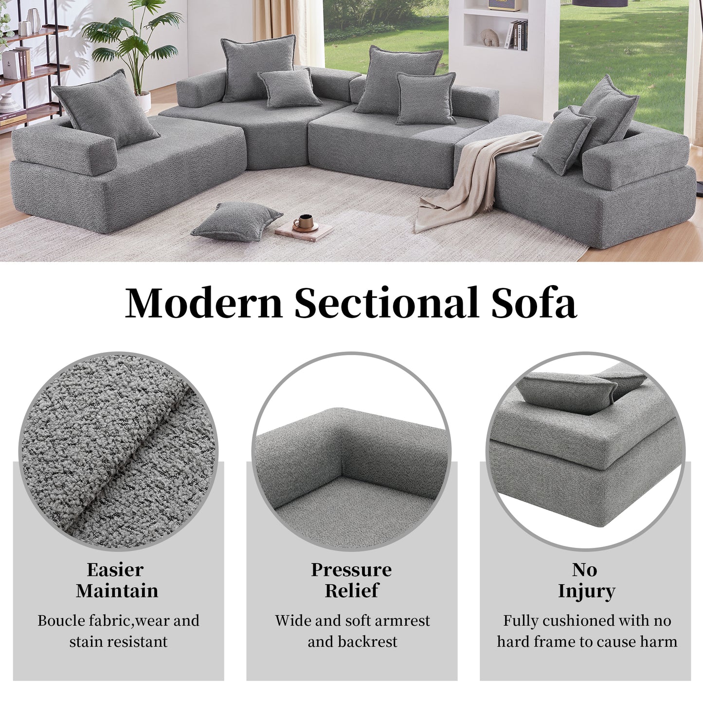 Modern grey sectional sofa with textured boucle fabric ideal for living rooms