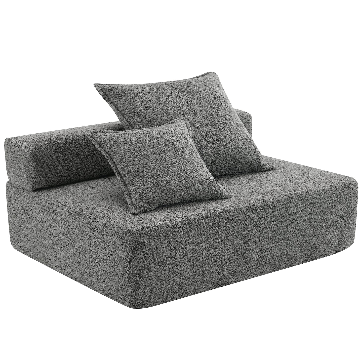 Modern grey modular sofa with textured fabric and two throw pillows