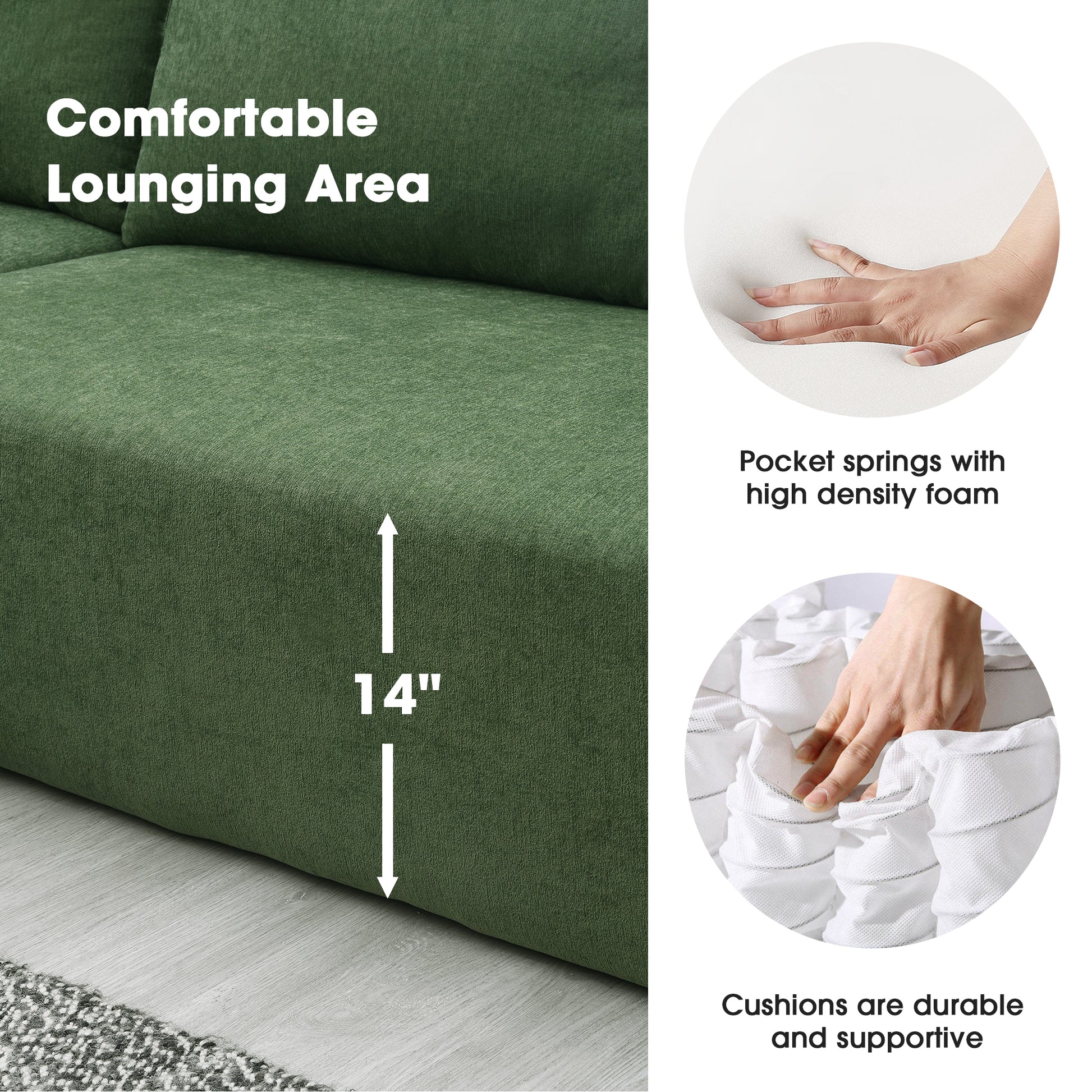 Green fabric sofa with a comfortable lounging area