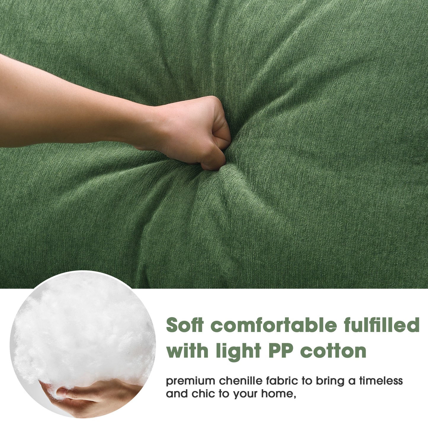 Green chenille fabric cushion showing soft texture with hand pressing it