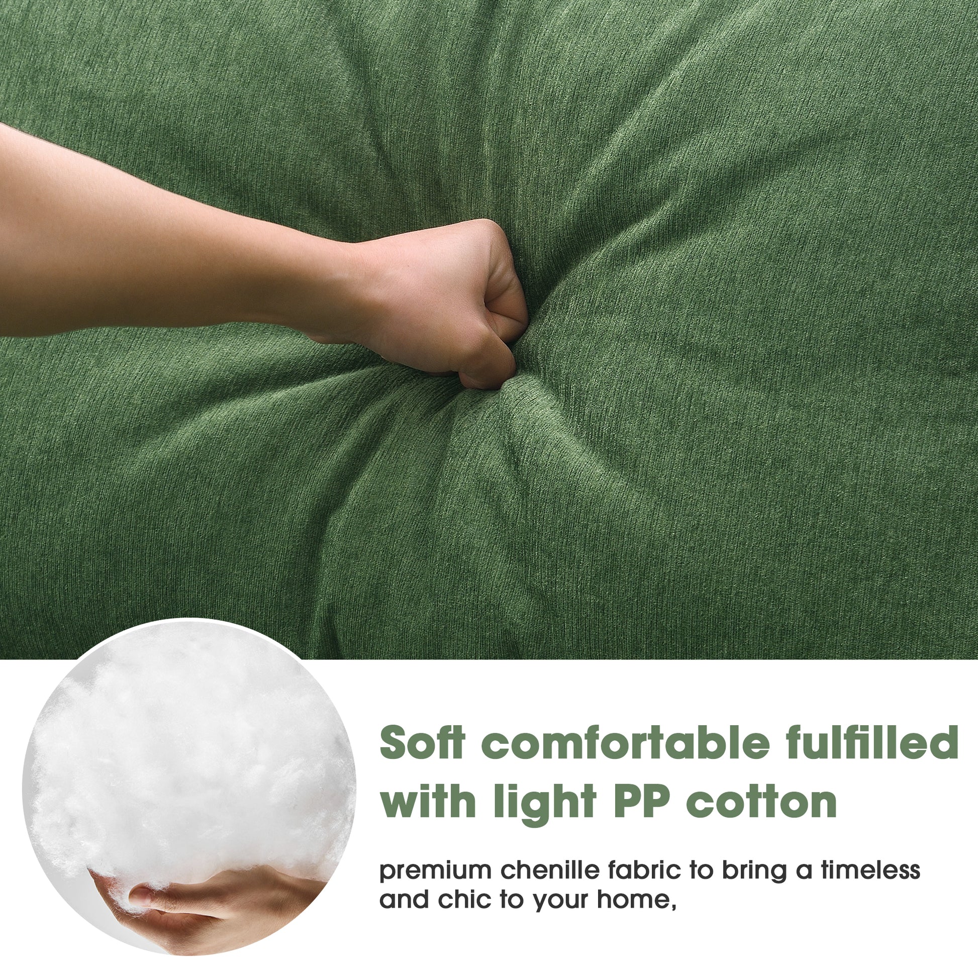 Green chenille fabric cushion showing soft texture with hand pressing it