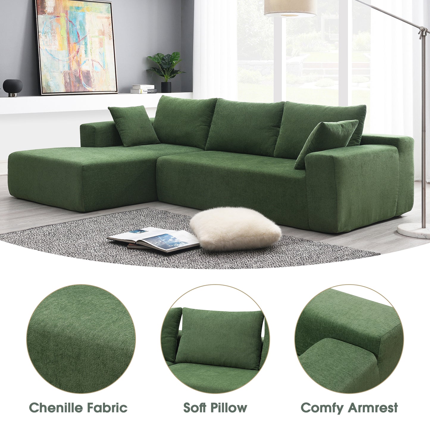 Luxurious green chenille sectional sofa with plush cushions and modern armrest design