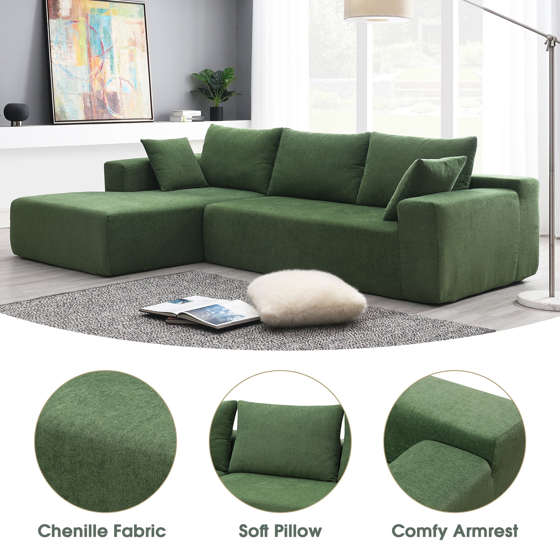 Luxurious green chenille sectional sofa with plush cushions and modern armrest design
