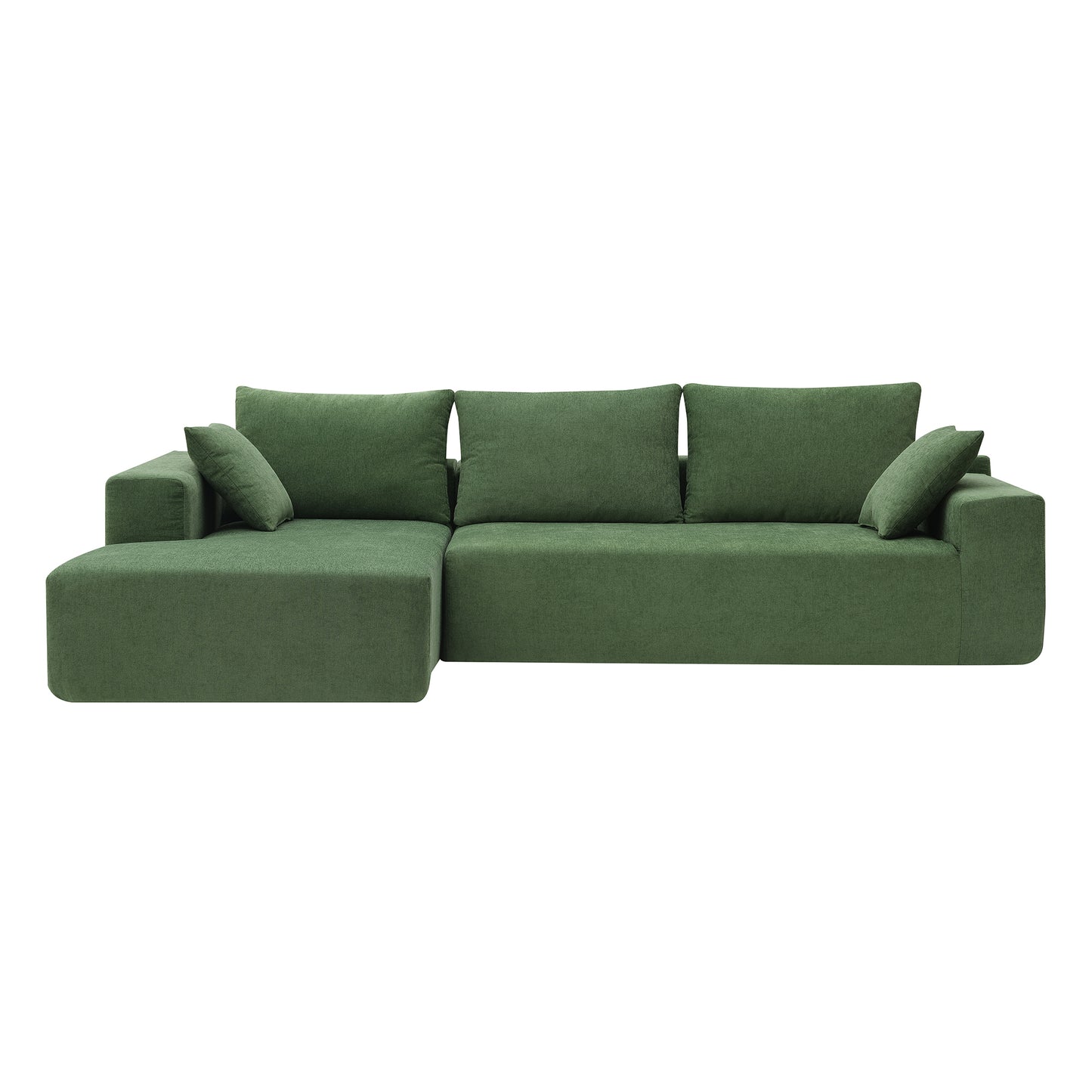 Deep green sectional sofa with plush cushions and a chaise lounge