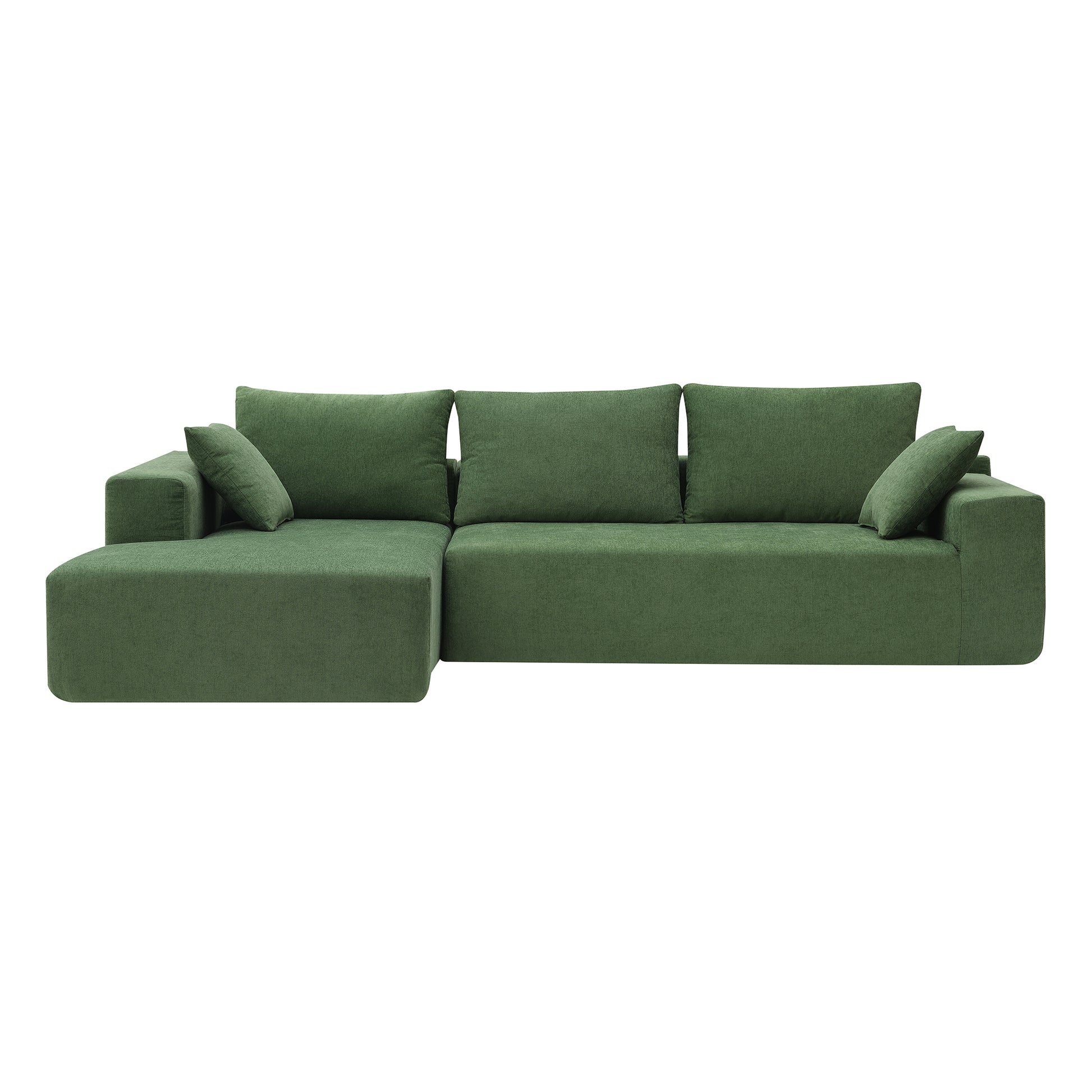 Deep green sectional sofa with plush cushions and a chaise lounge
