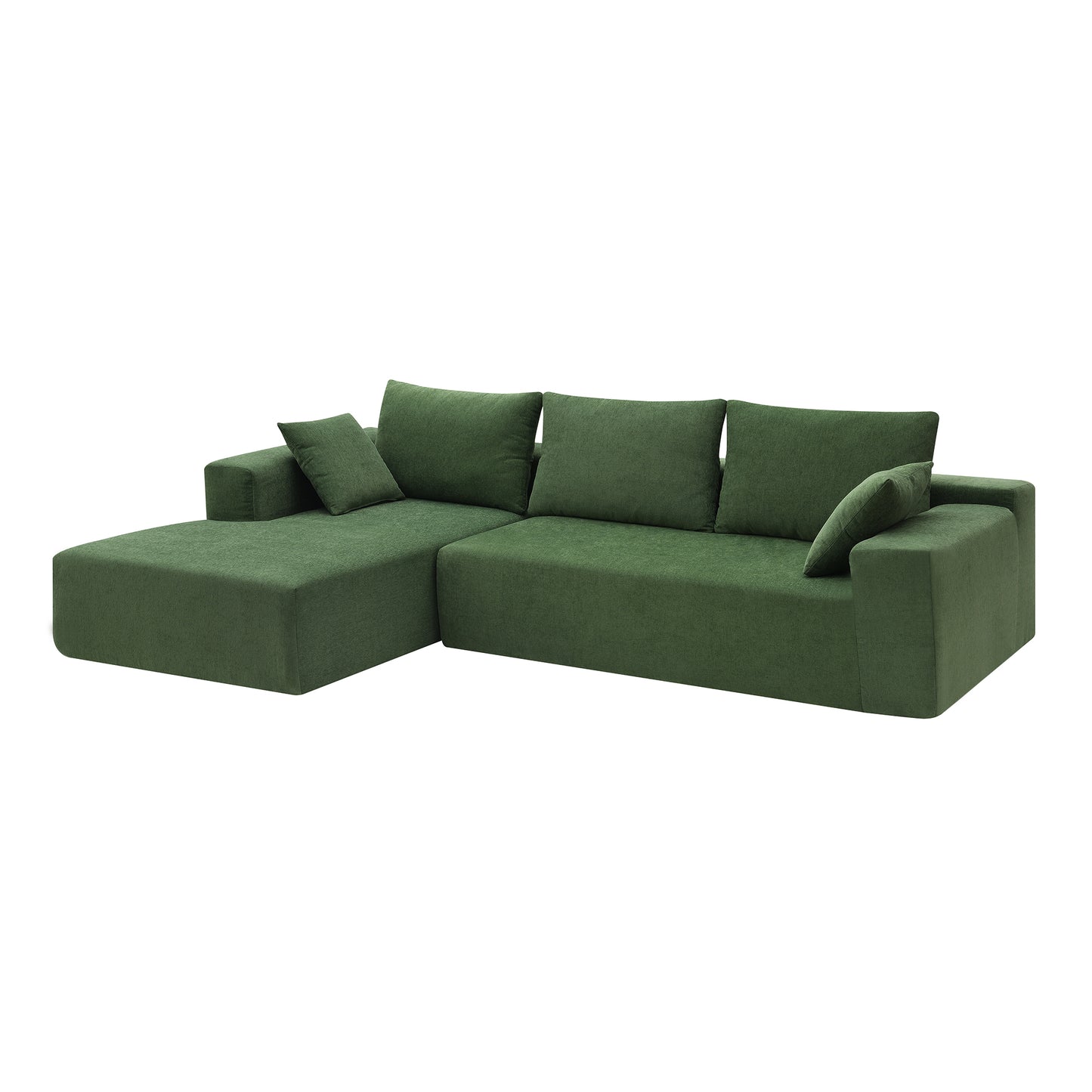 Deep forest green sectional sofa with minimalist design and plush throw pillows