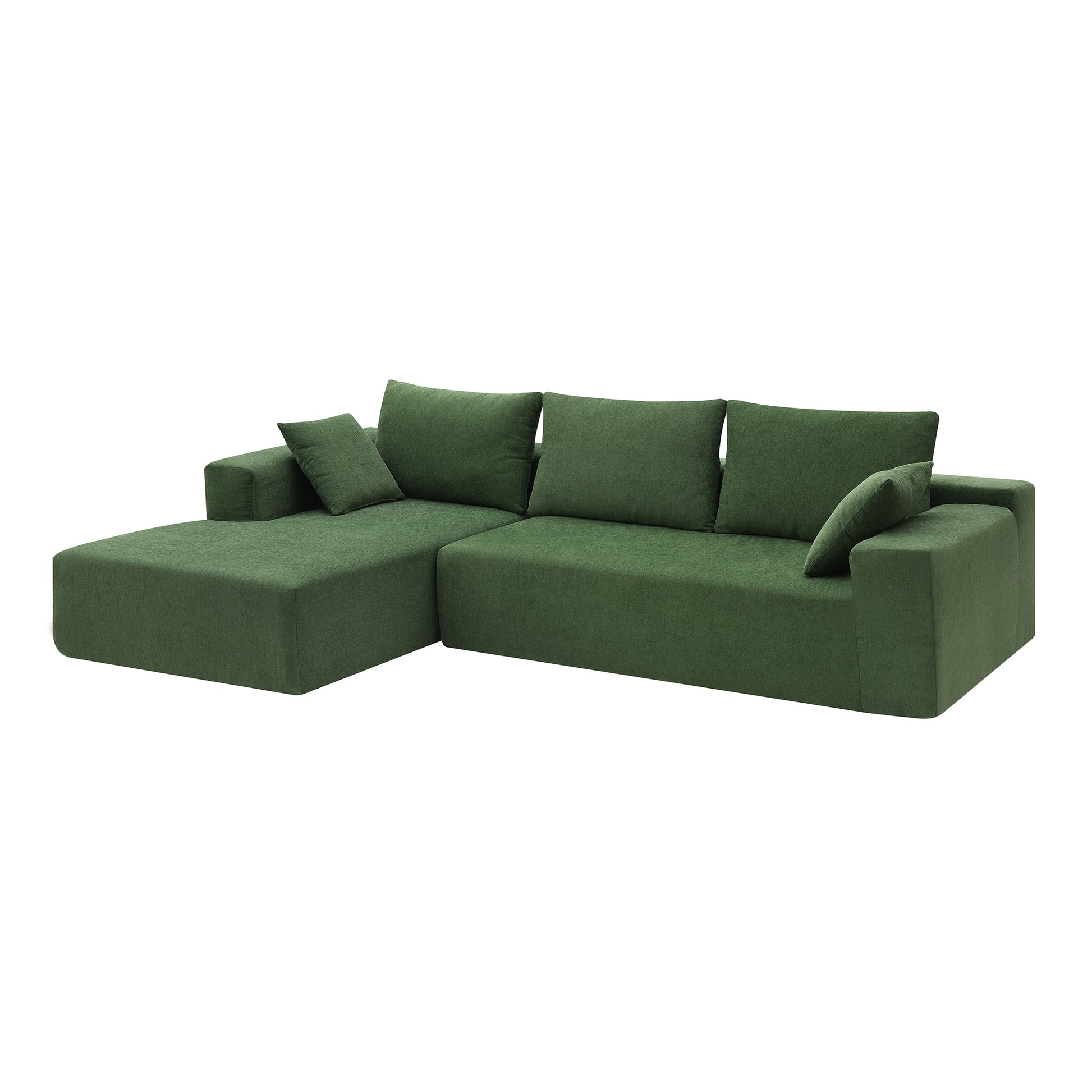 Deep forest green sectional sofa with minimalist design and plush throw pillows