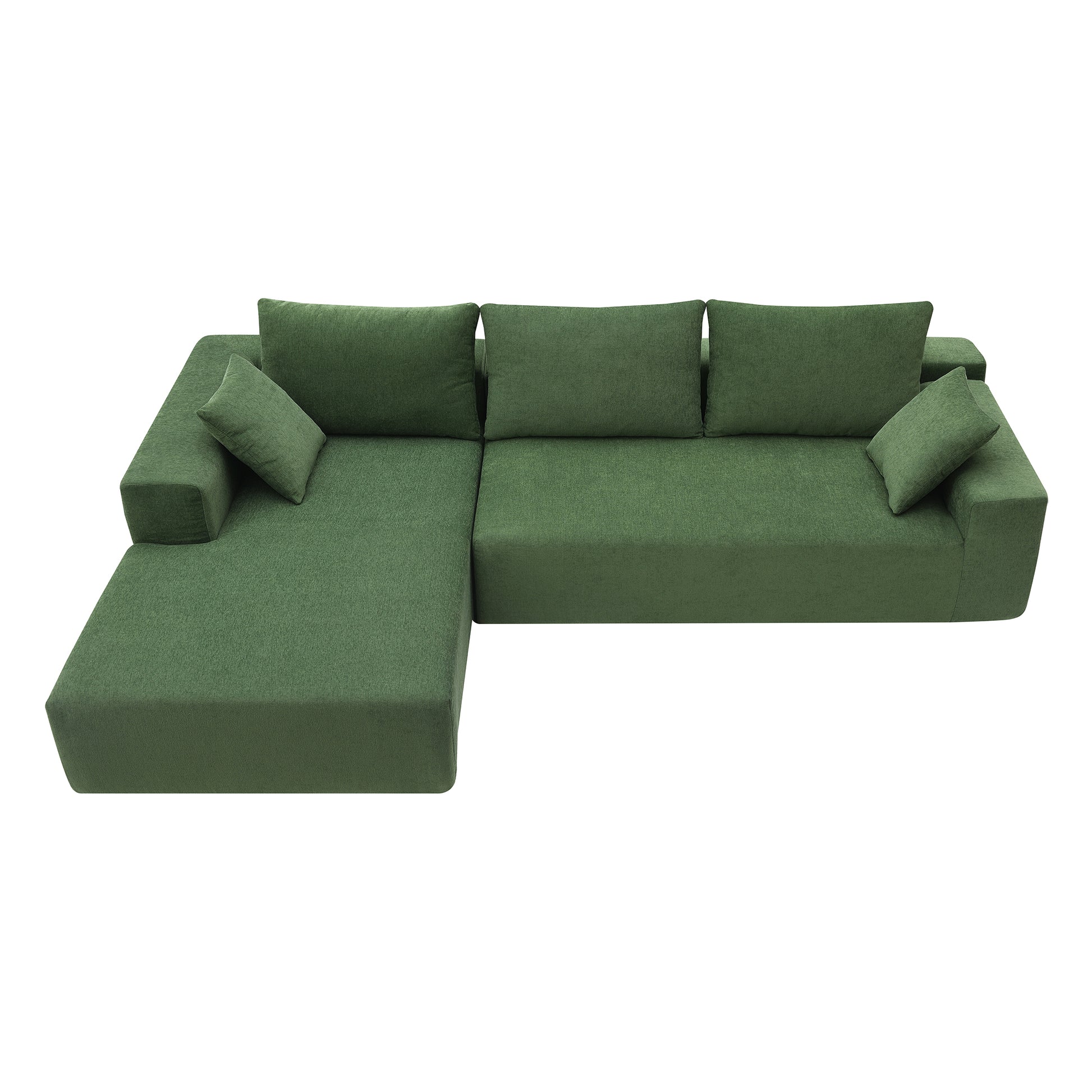 Deep green fabric sectional sofa with plush cushions and a chaise lounge