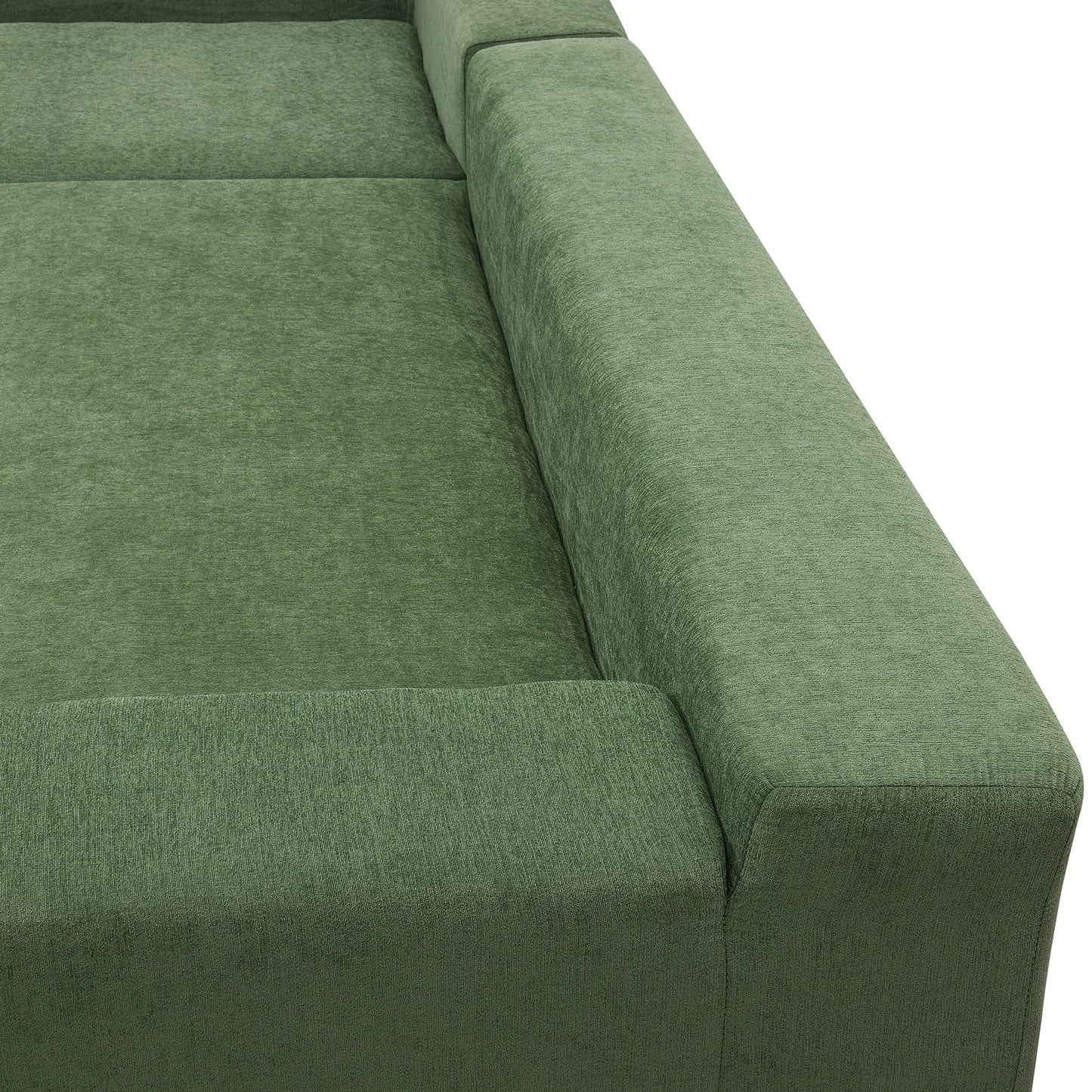 Closeup of plush green sofa fabric with textured weave detail