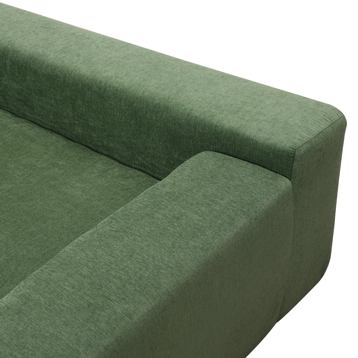 Closeup of a textured green fabric couch armrest plush comfort