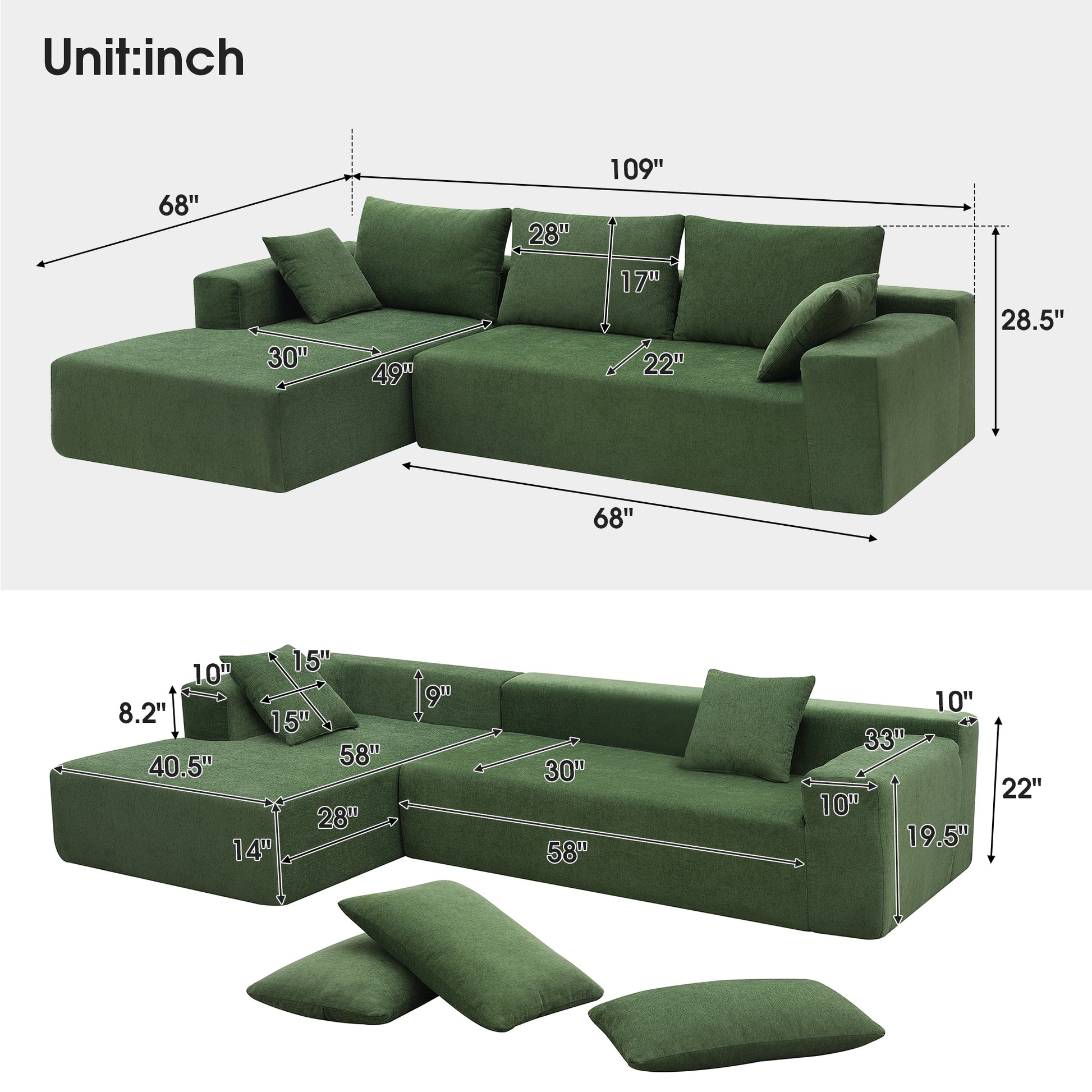 Green fabric sectional sofa with detailed dimension lines for length and height