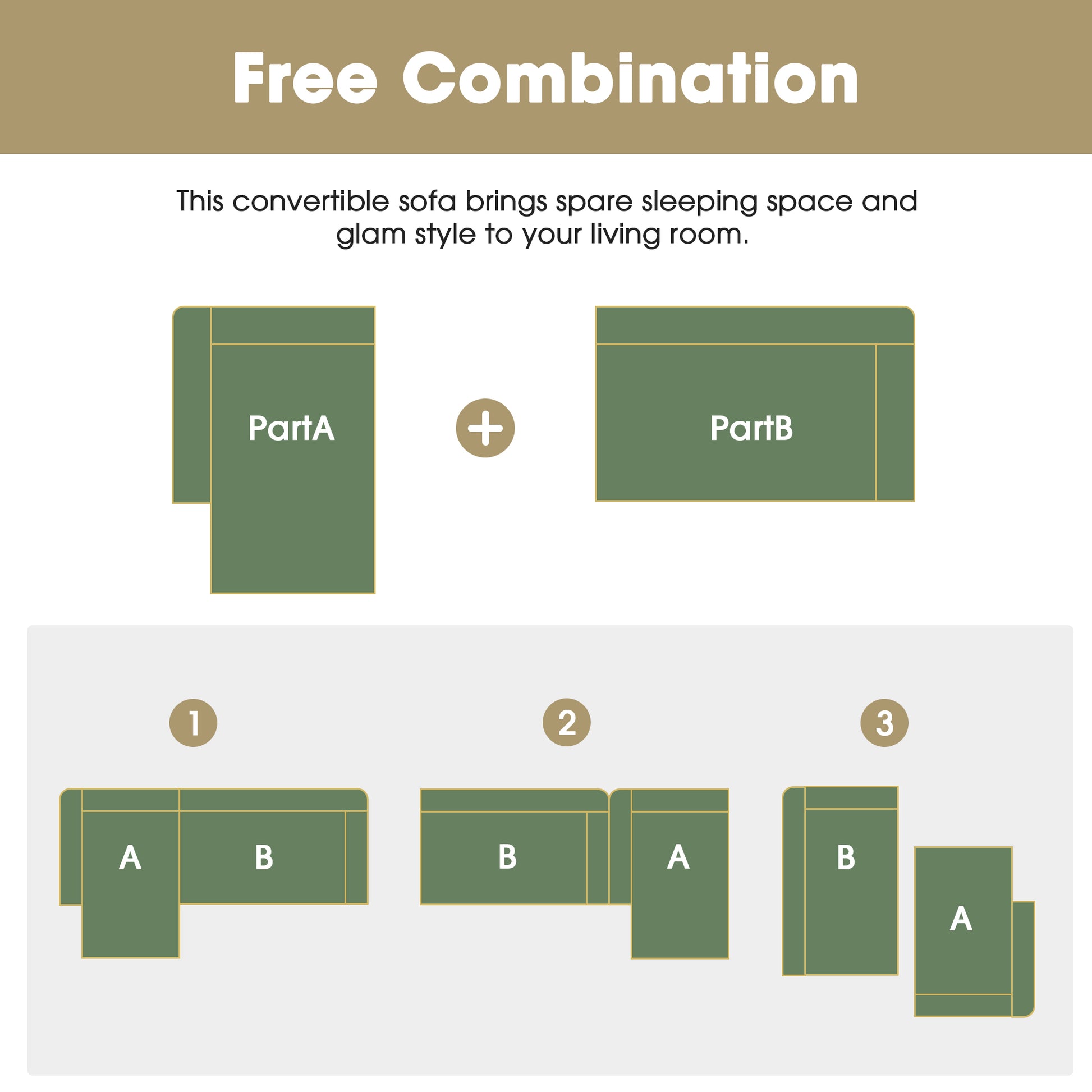 Modular sectional sofa components A and B shown in green for free combination