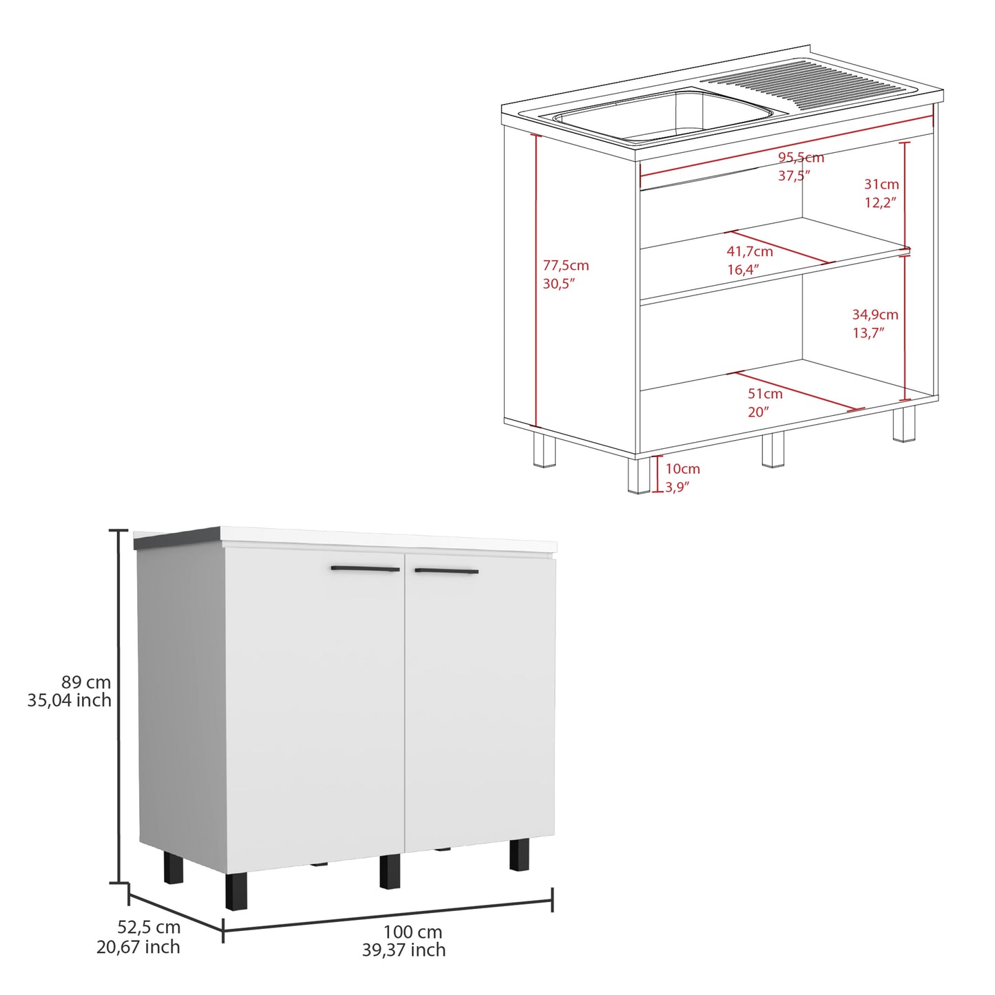 White doubledoor kitchen cabinet with black handles cm width