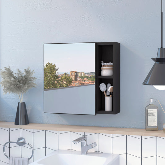 Modern black medicine cabinet with mirrored door and open shelving for bathroom storage