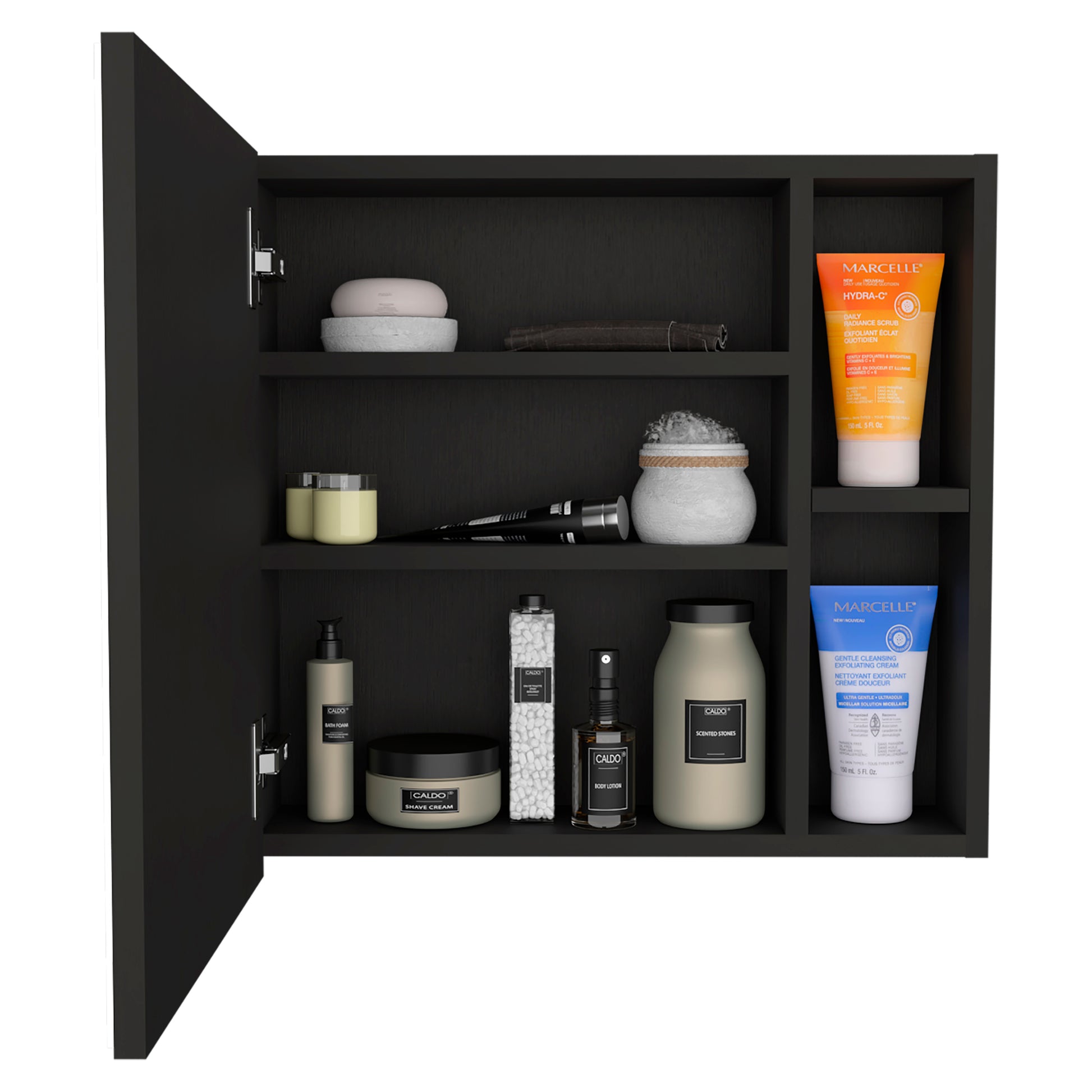 Black medicine cabinet filled with skincare products soap scrub lotions and shave cream