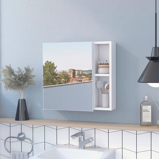 White medicine cabinet with mirrored door and open shelving unit for bathroom storage
