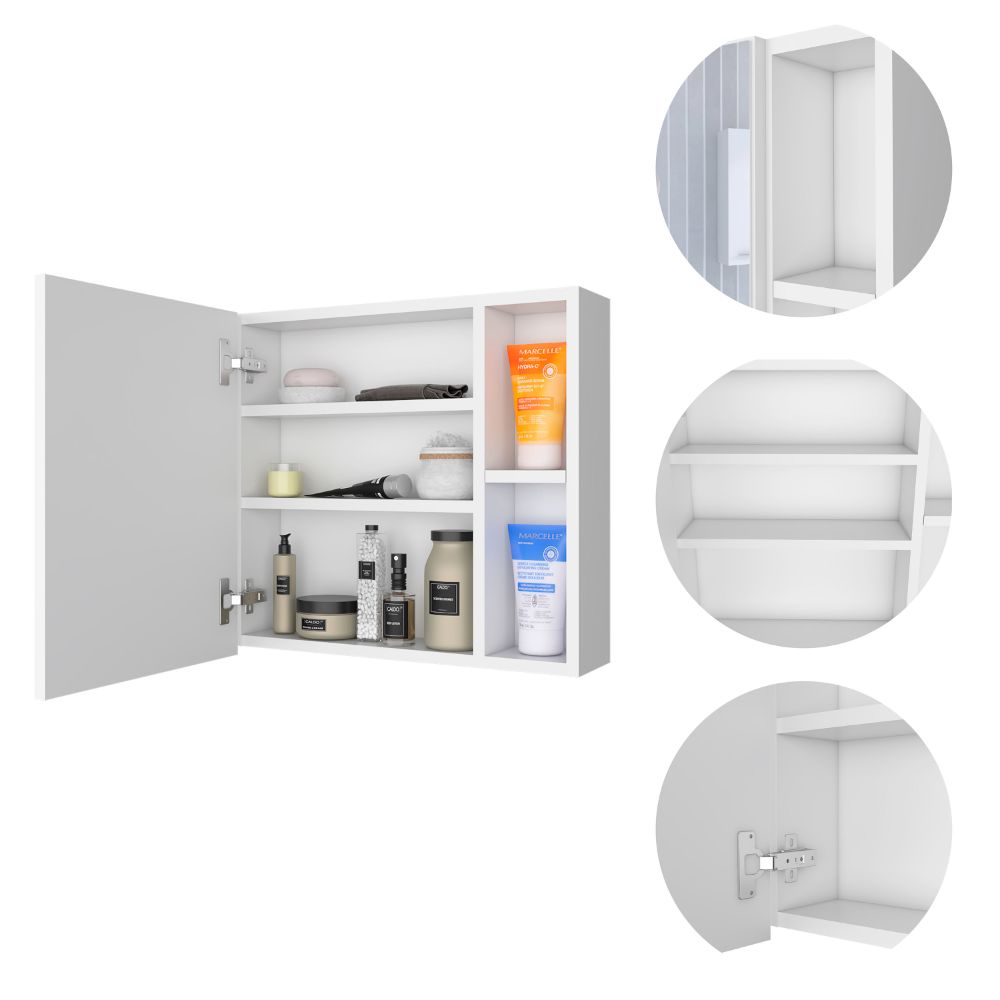 White modern medicine cabinet filled with toiletries including sunscreen and creams