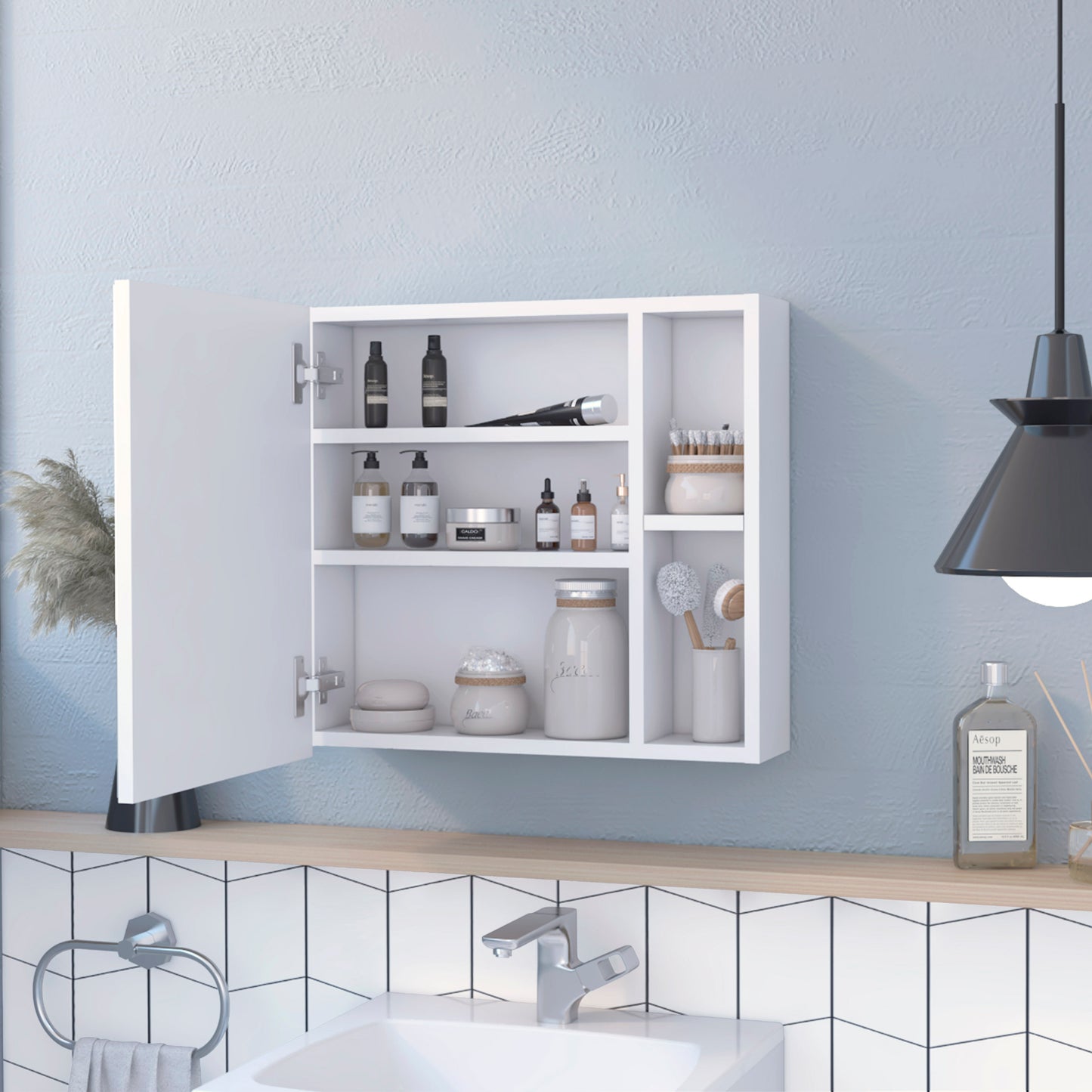 White wallmounted medicine cabinet with open door displaying various skincare and bathroom essentials