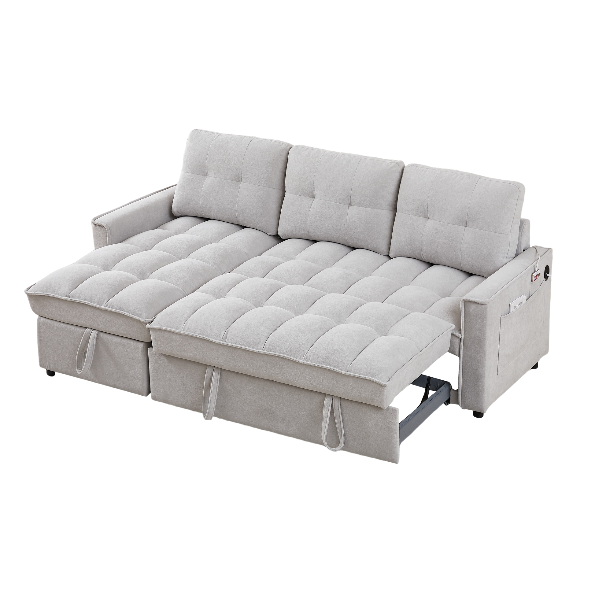 Light grey tufted sofa bed with chaise and hidden storage modern design for living rooms