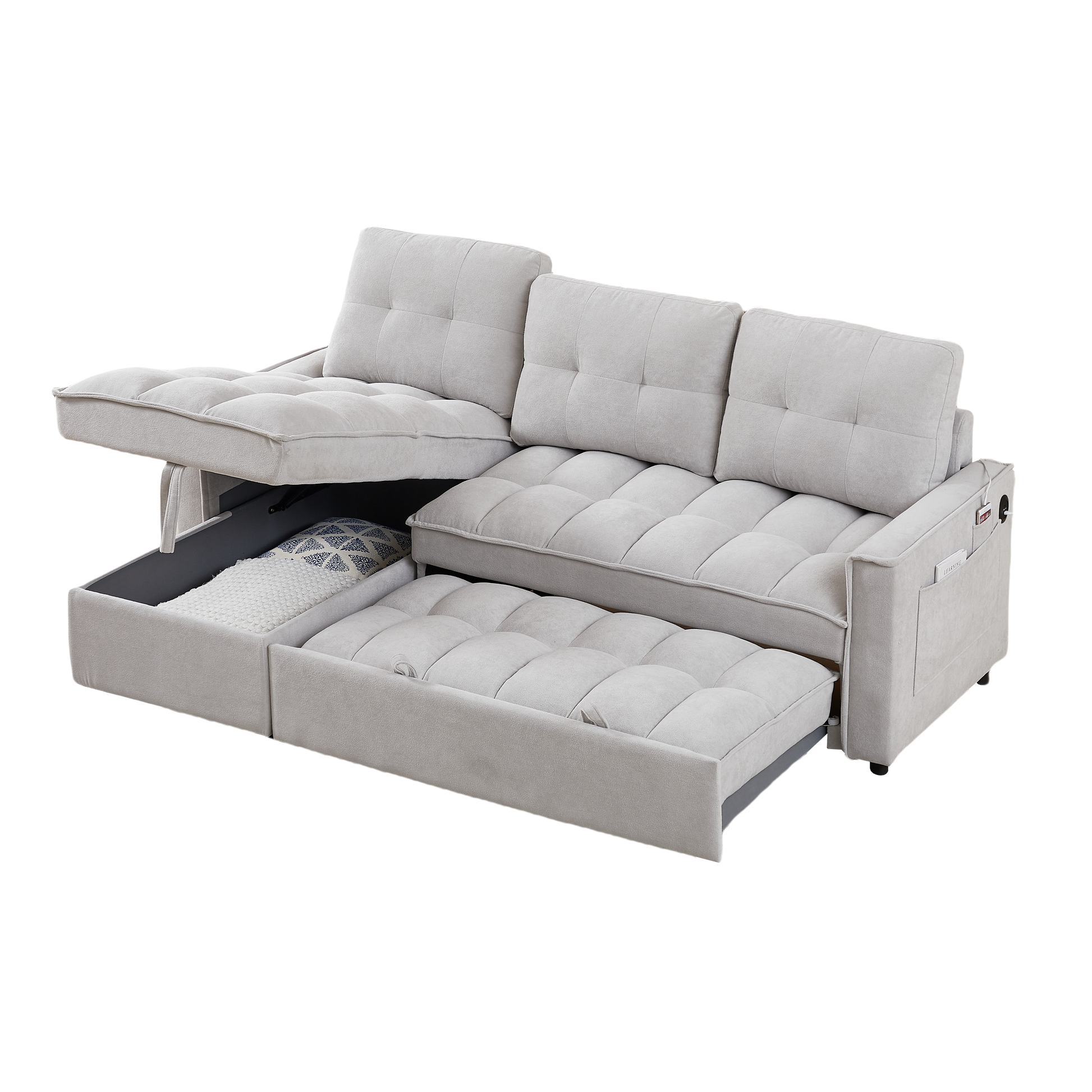 Light gray upholstered sofa bed with tufted cushions ideal for small spaces