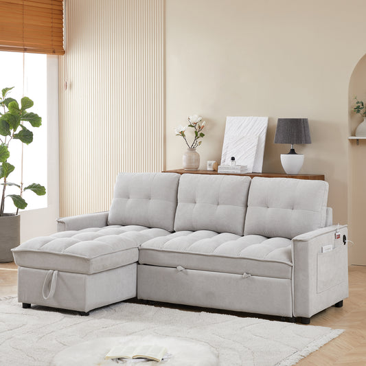 Light gray sectional sofa with storage chaise and tufted cushions ideal for modern living rooms
