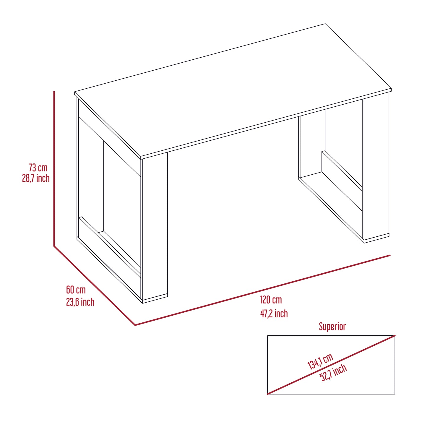 Line drawing of a modern white desk with integrated shelving and dimensions