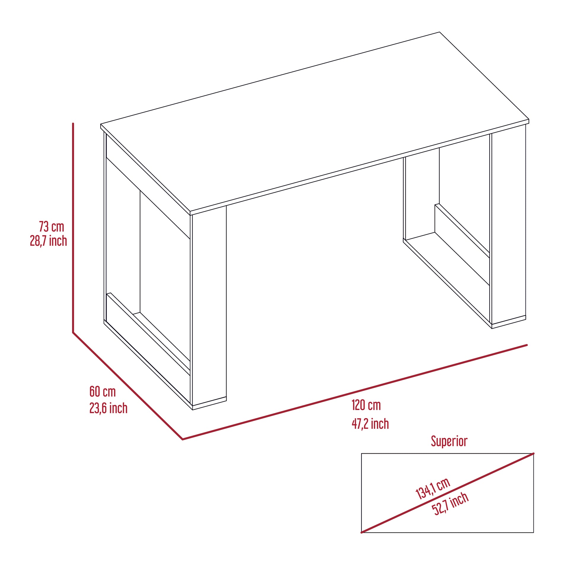 Line drawing of a modern white desk with integrated shelving and dimensions