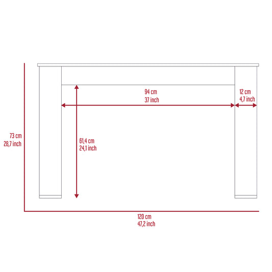 Diagram showing a desk with dimensions cm length cm height cm width and cm depth